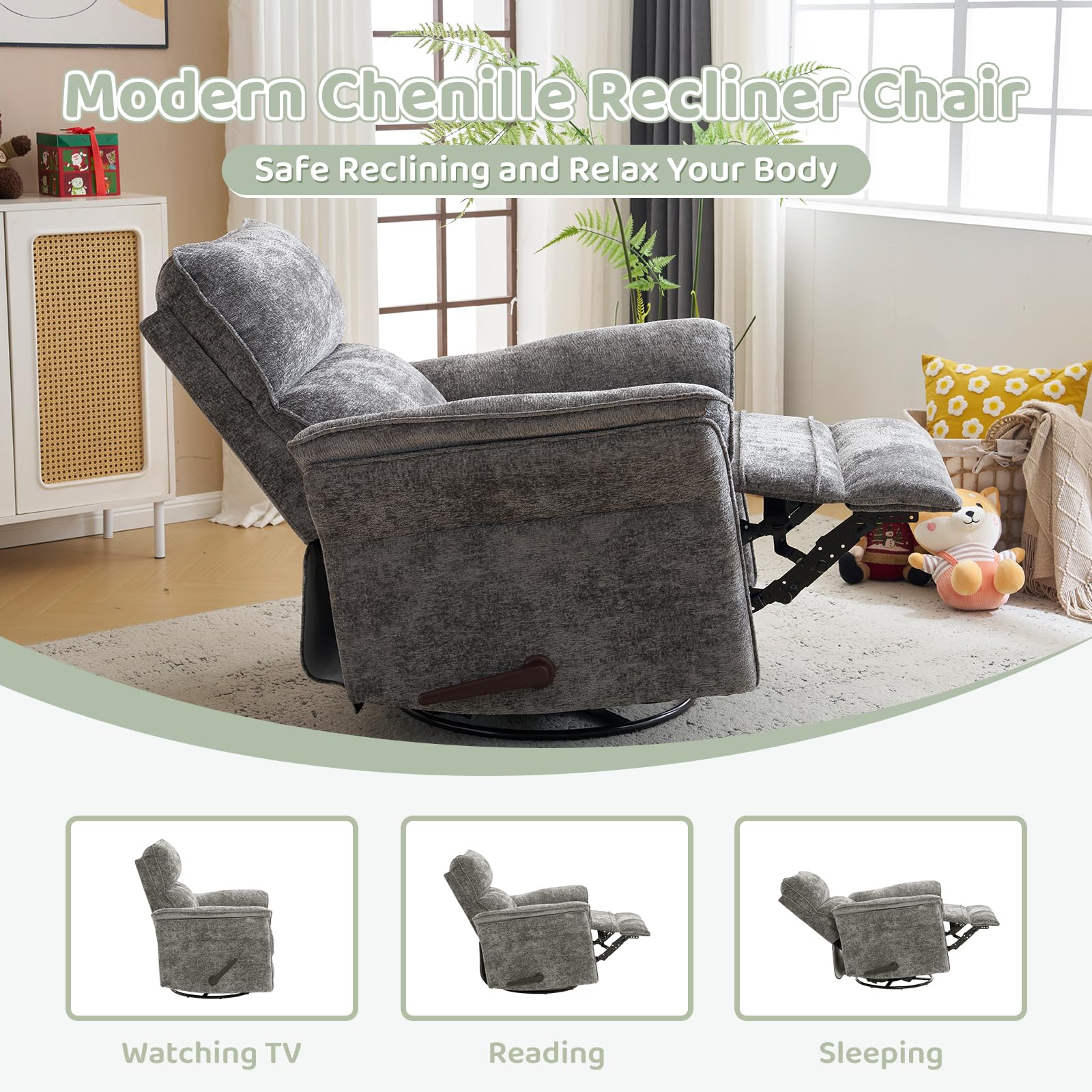Oversized Rocking Chair Nursery with Massage and Heat, Glider Recliner Nursery Chair with Adjustable Headrest, Power Swivel Rocker Recliner Chair with USB Port, Dark Grey