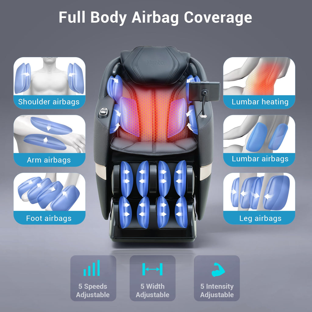 MYNTA Massage Chair Full Body, 170° Flexible SL Track Shiatsu 3D Massage Chairs with Zero Gravity, Bluetooth Speaker, Airbags & Heating, MC1650(Grey)