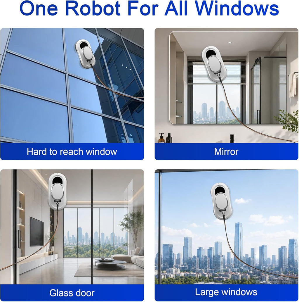 Automatic Window Cleaning Robot, Smart Robot Window Cleaner Inside/Outside, 3000Pa Suction, Intelligent Path Planning, Remote Control for high Glass, Shower, Mirror with 10 Rags(White)