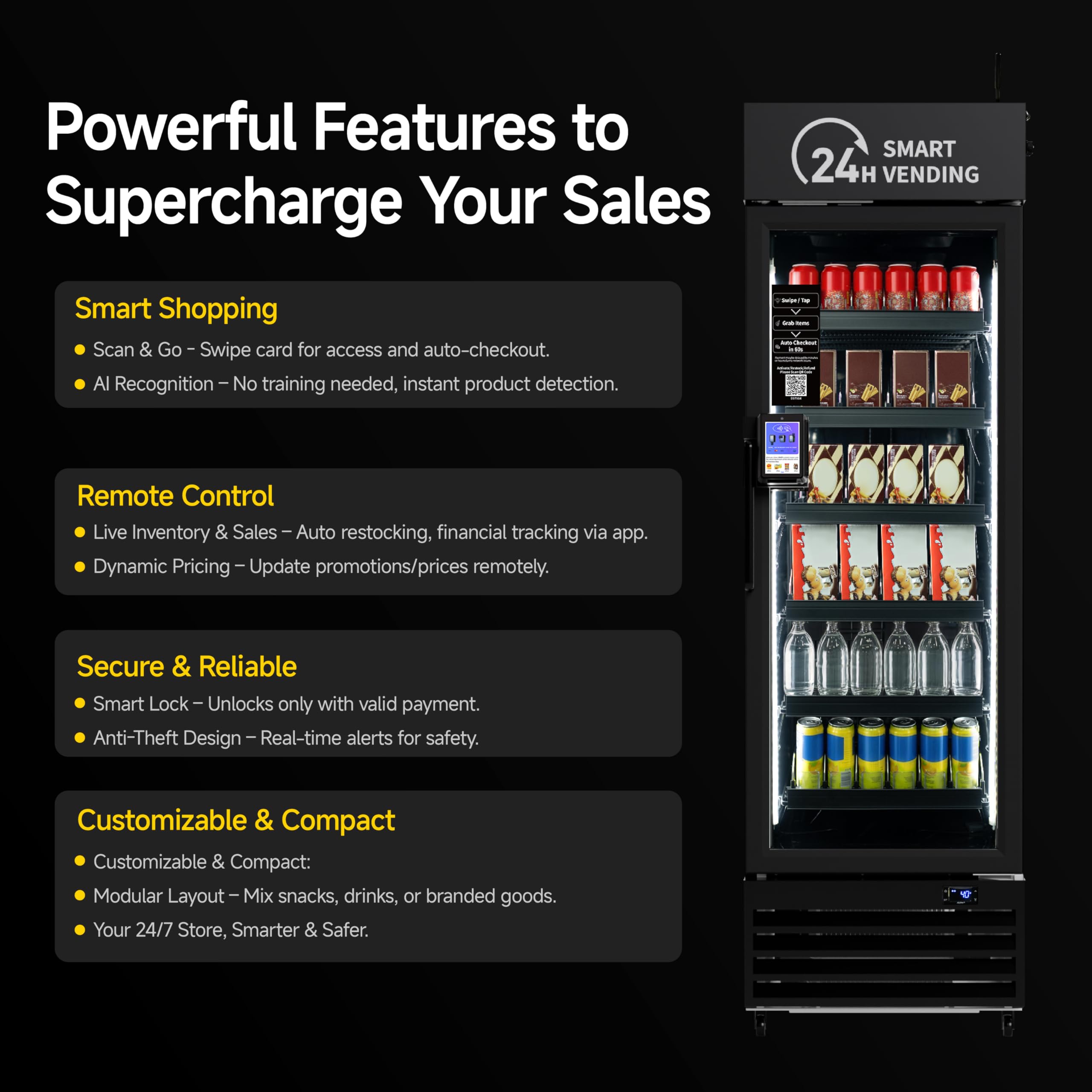 HAHA Smart AI Vending Machine with Card Reader, Combo Snack & Drink Machine, 6-Layer 252 Cans Capacity Refrigerated AI Visual Recognition & App Management US360CT (Black, AI mini)