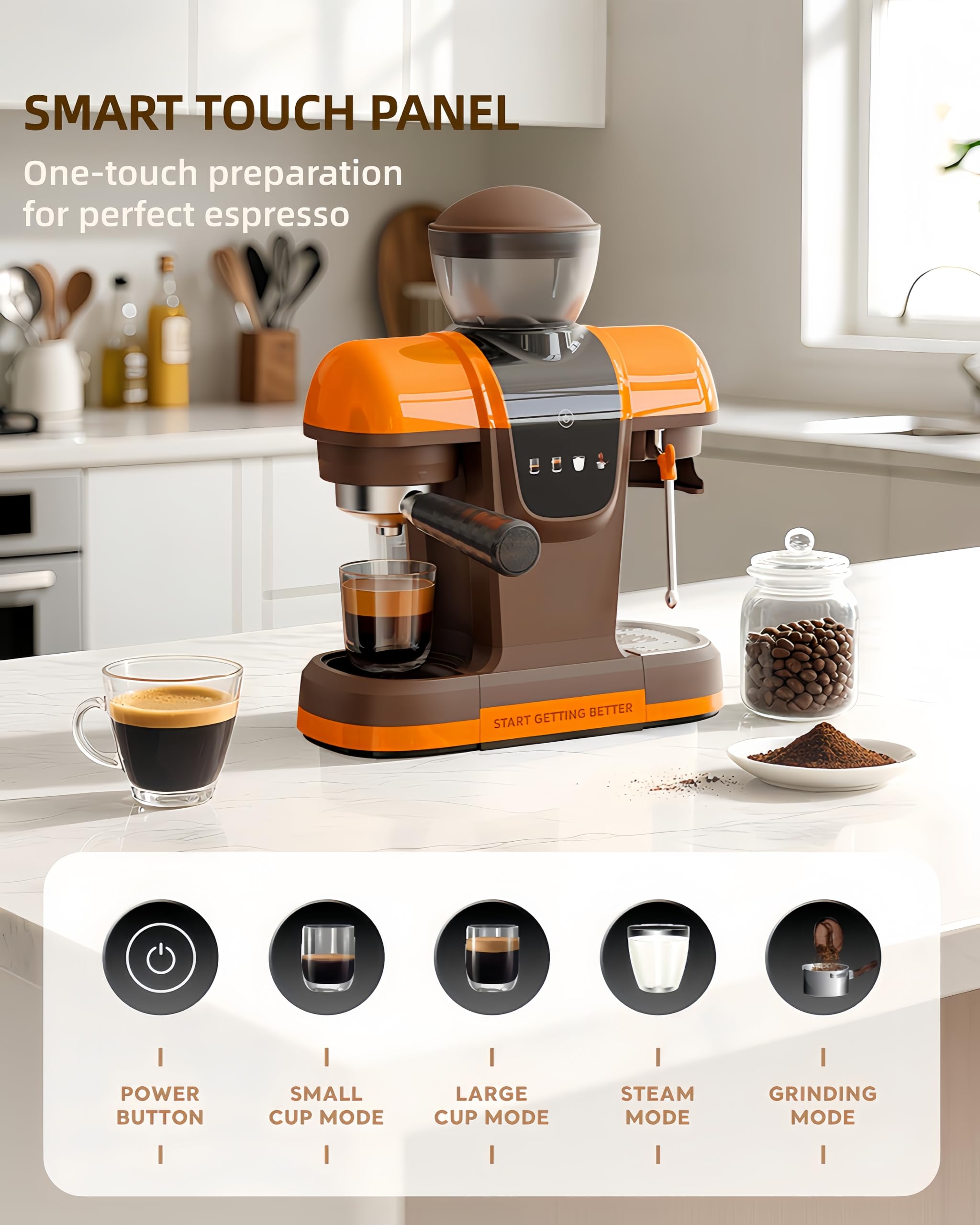 20 Bar Espresso Machine with Grinder & Steam Wand - Semi Automatic Coffee Maker, NTC Intelligent Temp Control, 58mm Stainless Steel Portafilter, One-Touch Panel for Home Barista (BLACK)