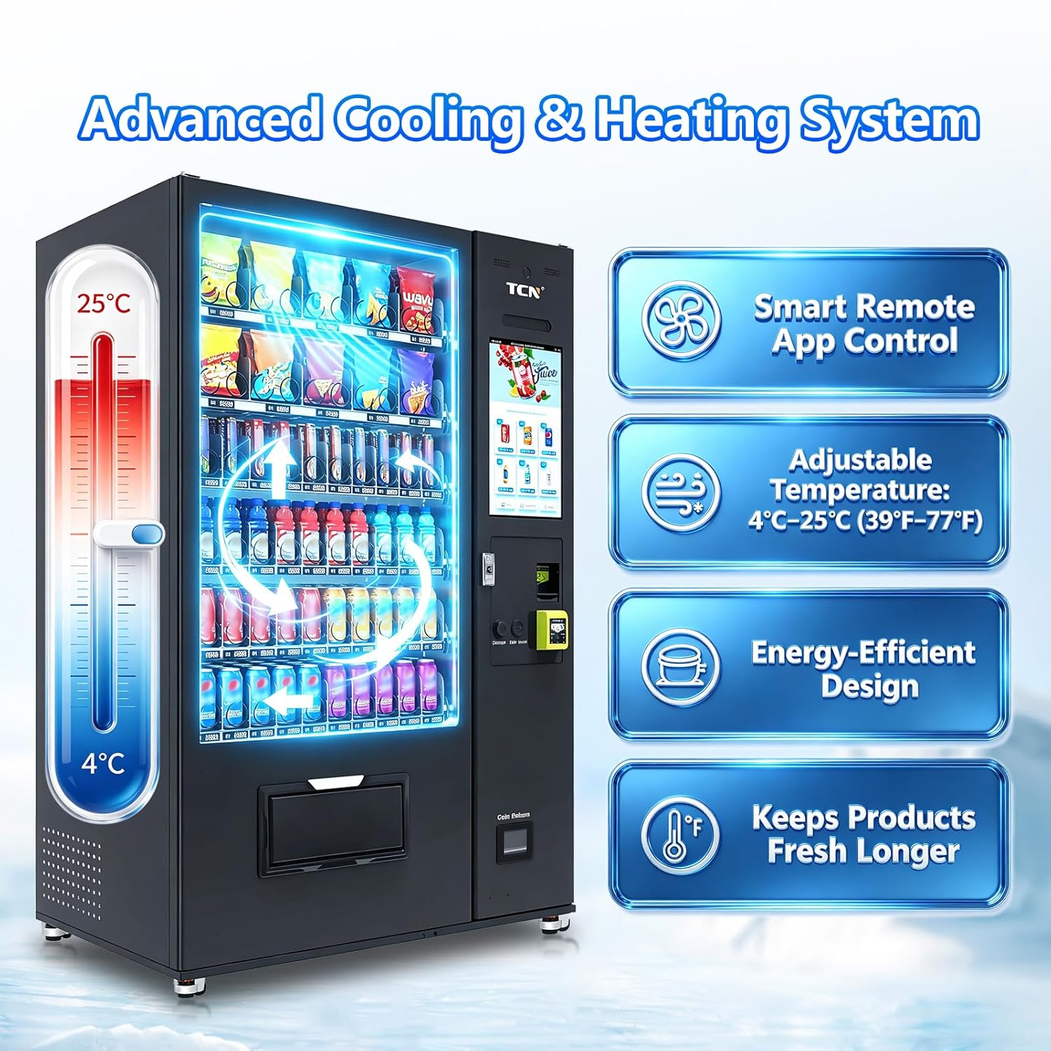 Touchscreen Vending Machines for Sale, 60 Slots Refrigerated Vending Machines for Business, Credit Card Reader, Bill & Coin Acceptor, Snack & Drink Combo with Remote Management System