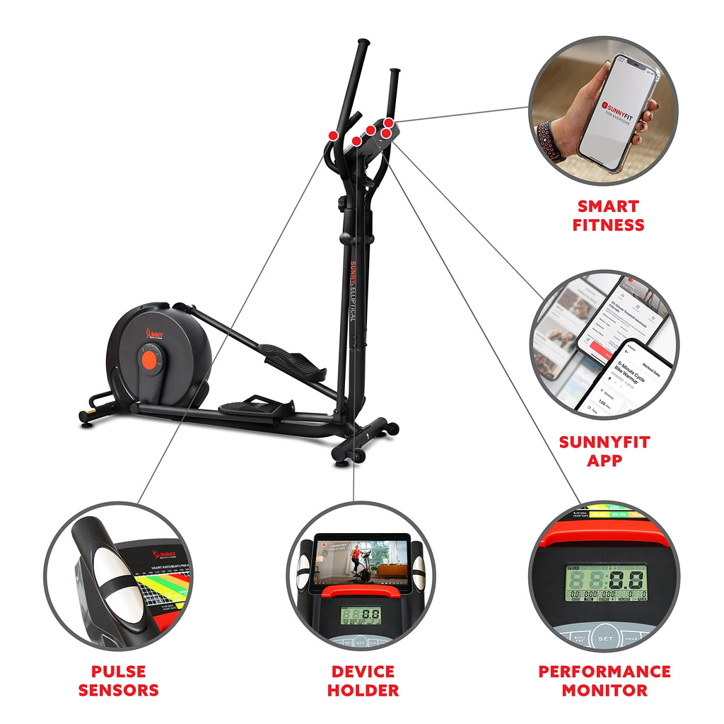 Sunny Health & Fitness Smart 17" Stride Elliptical Machine Trainer with Built-in Pulse Sensor and 16-Level Tension for Home Exercises with SunnyFit App Bluetooth Access