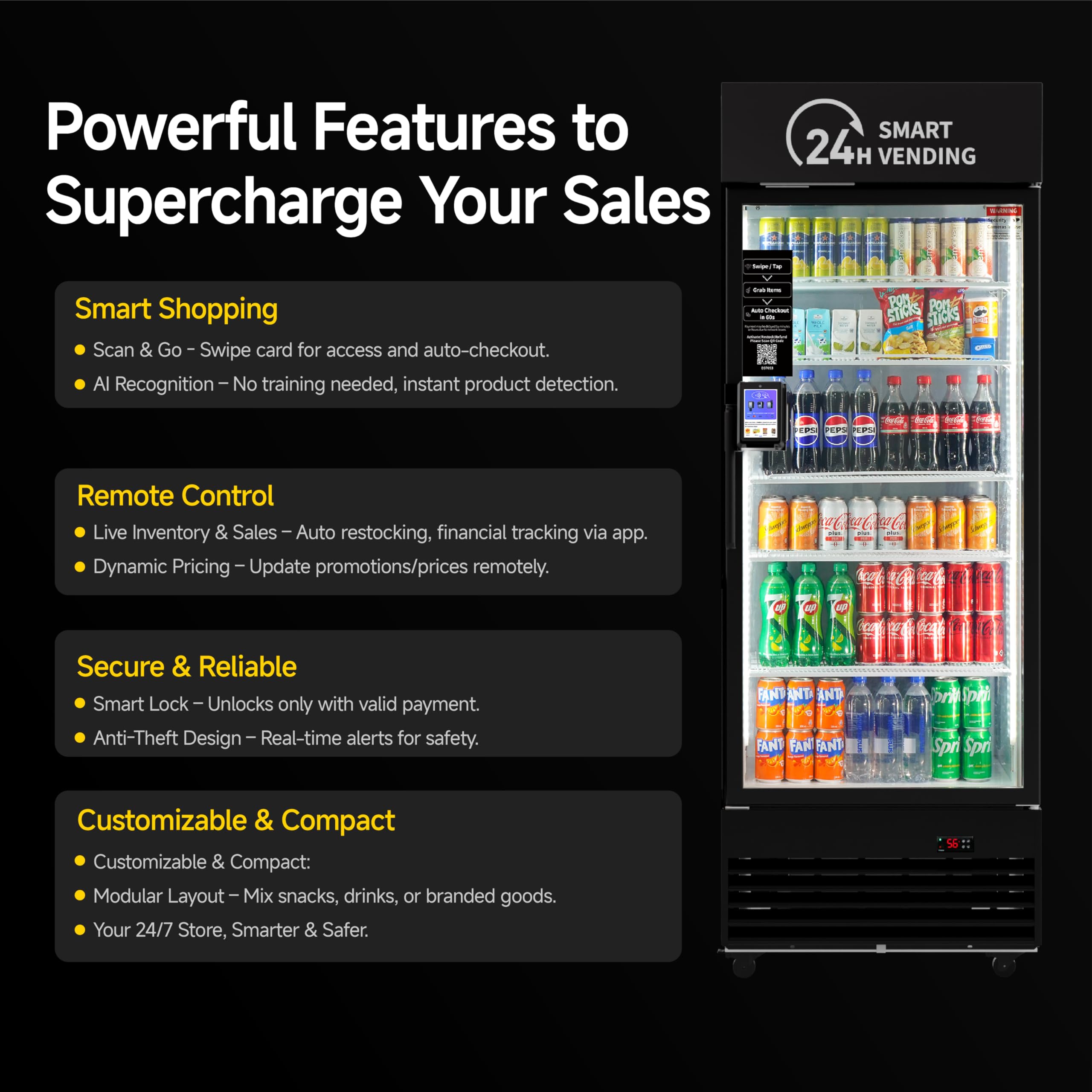 HAHA Smart AI Vending Machine for Business Contactless Grab & Go, Multi-Item Combo Vending with APP Management & Cashless Payment (Black, AI Plus)