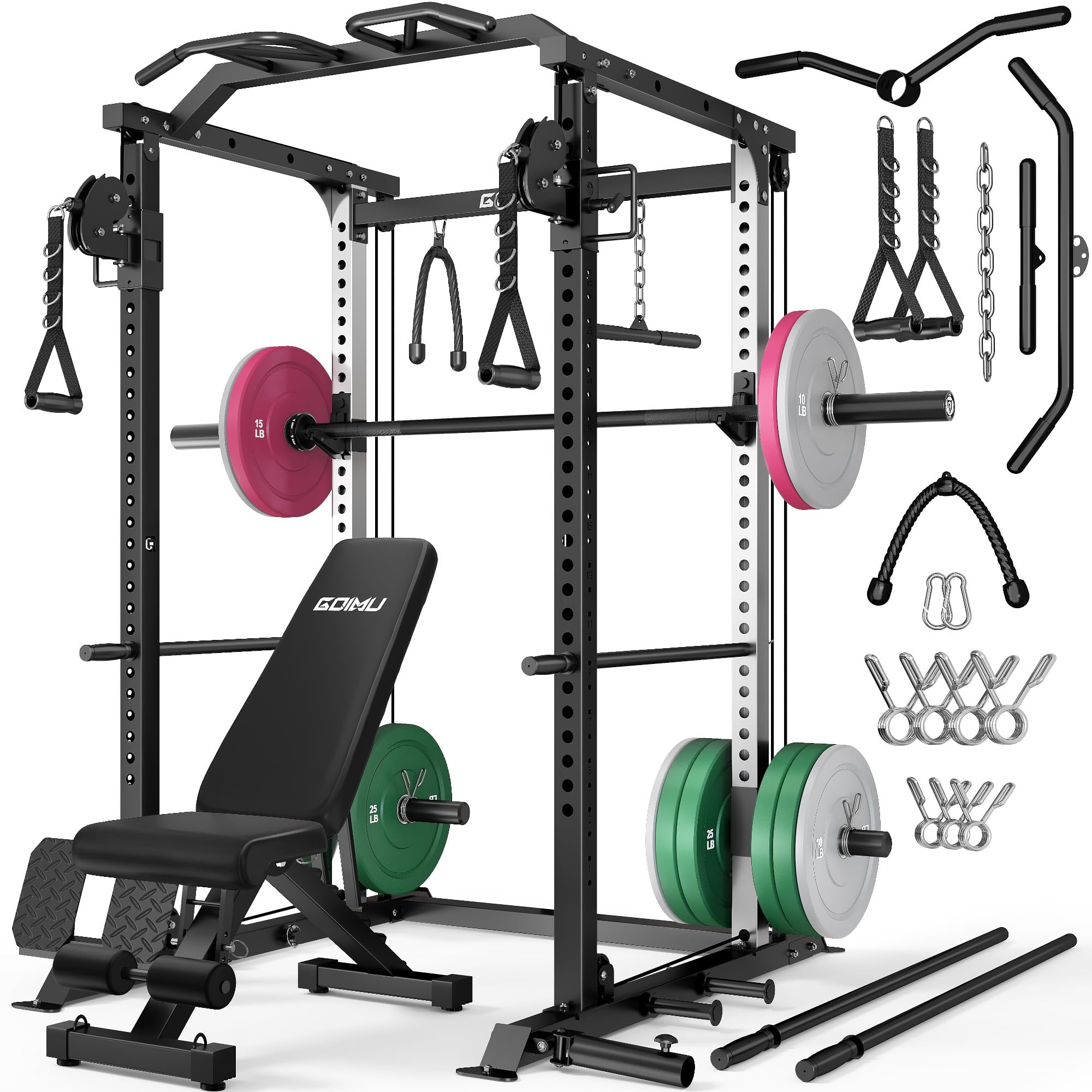 DP01 Power Cage, 2000LBS Squat Rack with with Cable Crossover and Dual Independent Pulley System, Full Cage for Full Body Training, Power Rack with More Training Attachments for Home Gym