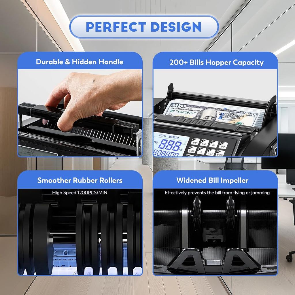 Money Counter Machine with Value Count,4" LED Display,Cash Counter for Dollar/Euro with UV/MG/IR/DD Detection, Bill Counting with Count/Add/Batch/Auto Modes,Bill Counter Fast Counting 1,200/Min