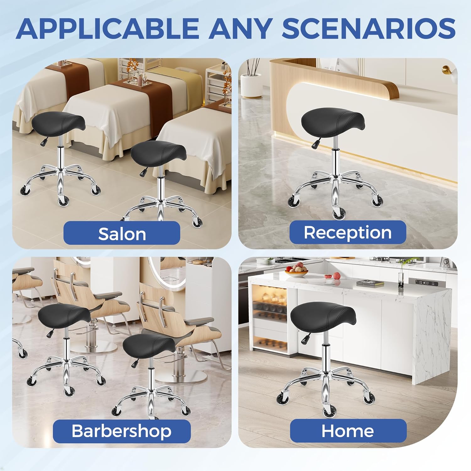 ANWBROAD Saddle Stool with Wheels Ergonomic Swivel Adjustable Rolling Stool with PU Leather Thick Wide Saddle Seat Padding Comfortable Rolling Saddle Chair for Salon Massage Clinic Black UWSS001B