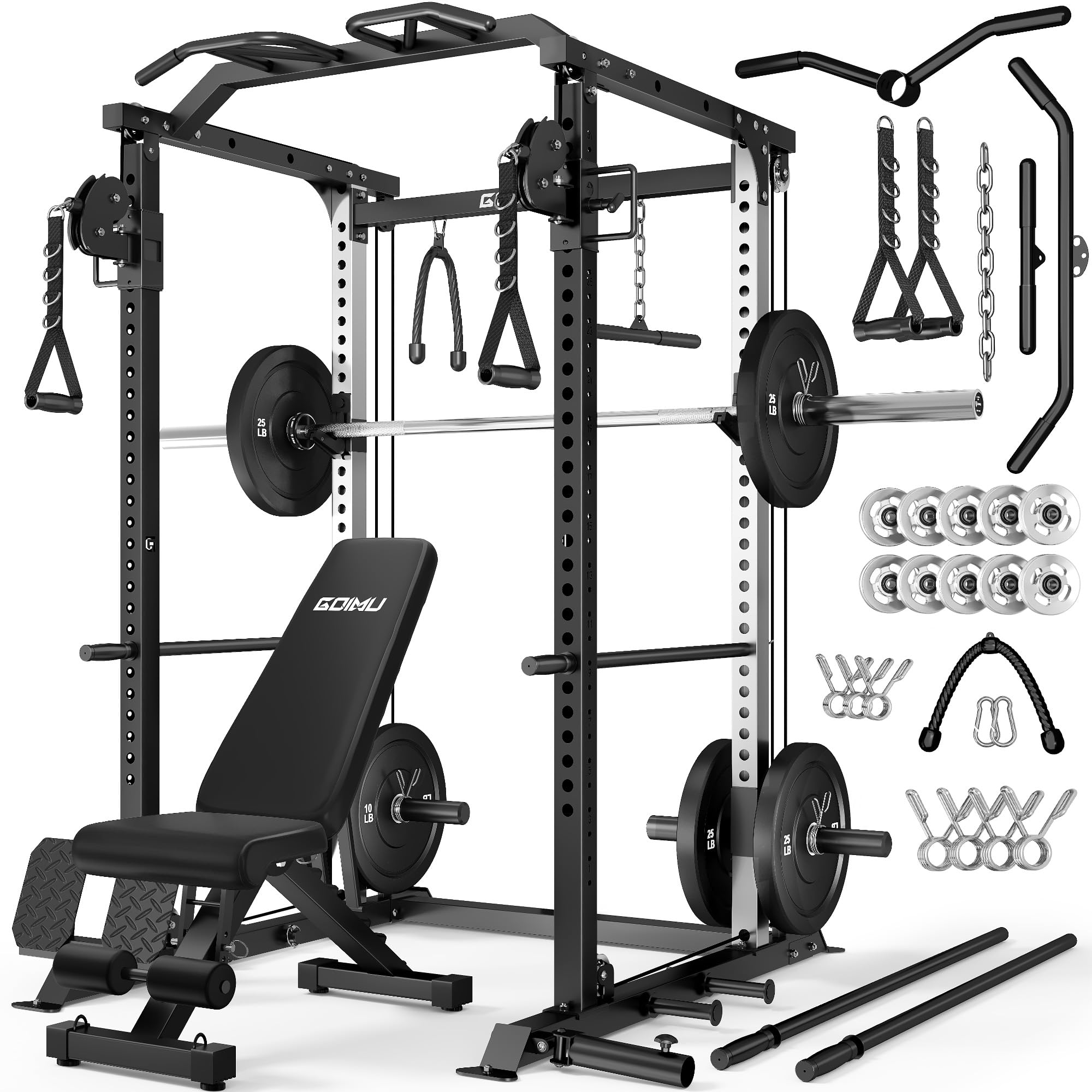 DP01 Power Cage, 2000LBS Squat Rack with with Cable Crossover and Dual Independent Pulley System, Full Cage for Full Body Training, Power Rack with More Training Attachments for Home Gym