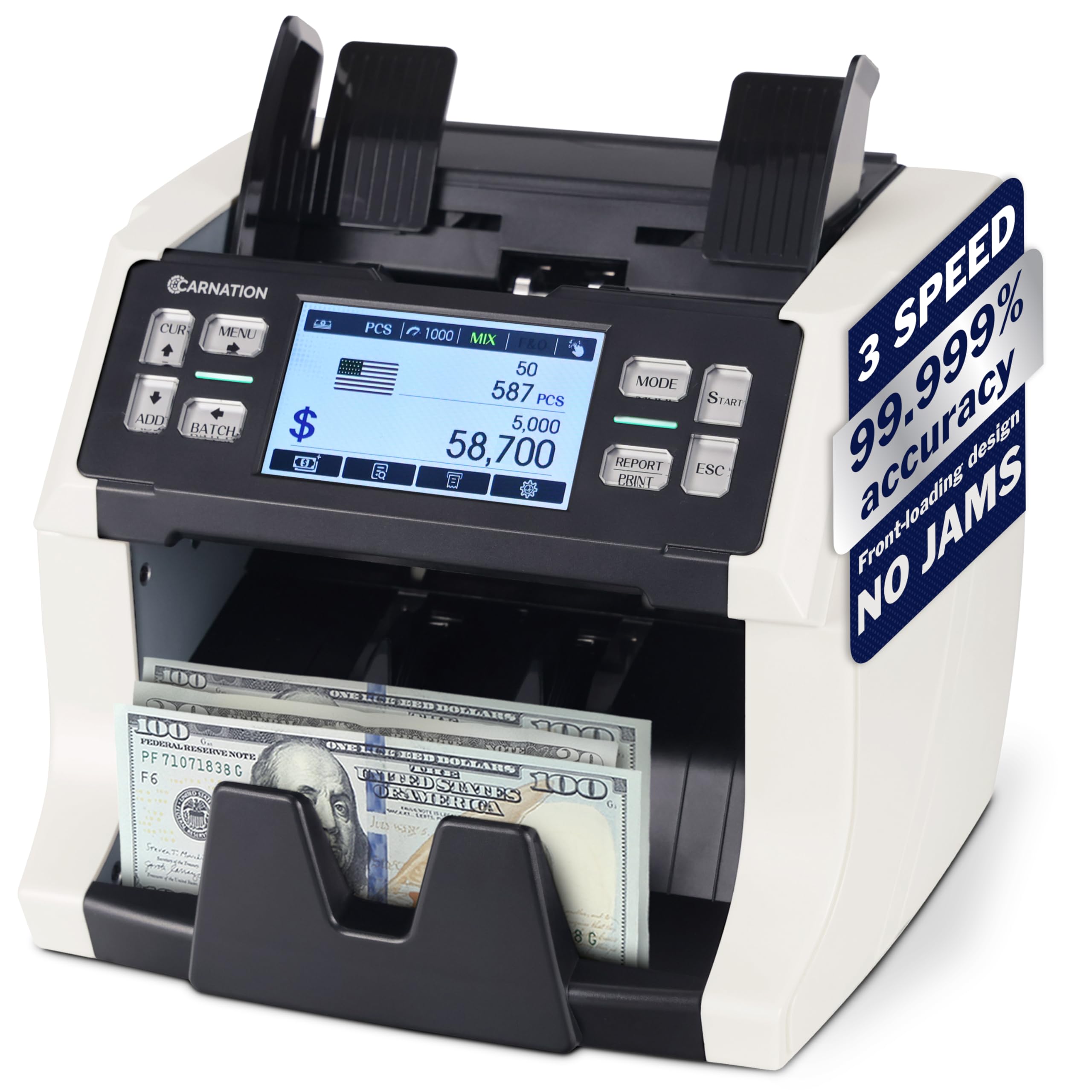 Carnation Money Counter Machine Cash Counting & Mixed Denomination Bill Counter, Portable Currency Detector, Counterfeit Bank Scanner, Dollar Sorter for Commercial, 1100 N/M, UV/MG/MT/IR/2CIS