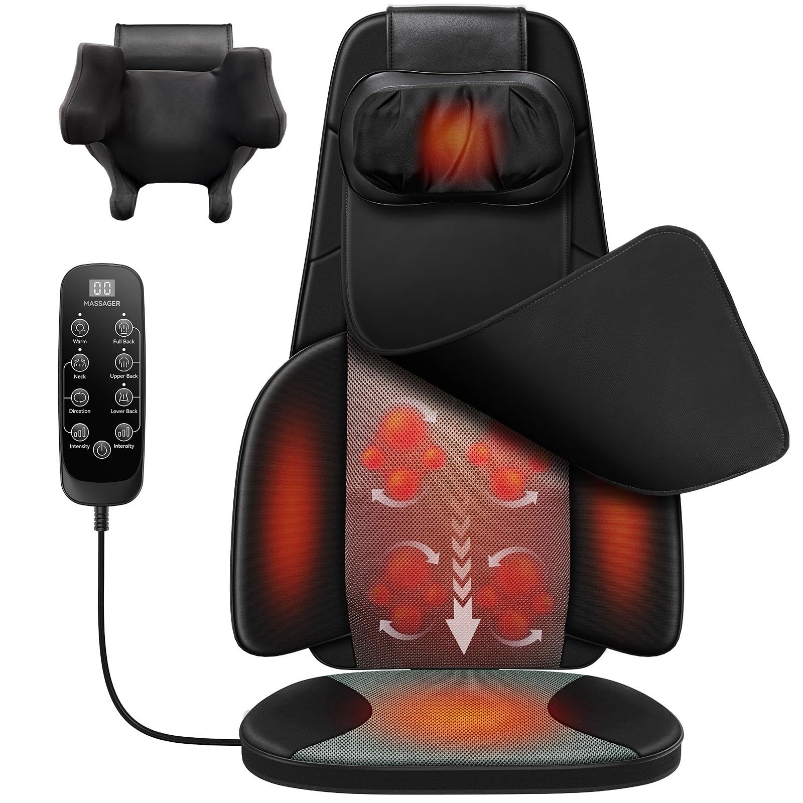 Shiatsu Neck and Back Massager for Chair with Heat, 2 Interchangeable Attachments Full Back Massage Pad Deep Tissue, Adjustable Height 3-Level Intensity for Office Home, Masajeador de Espalda, Khaki