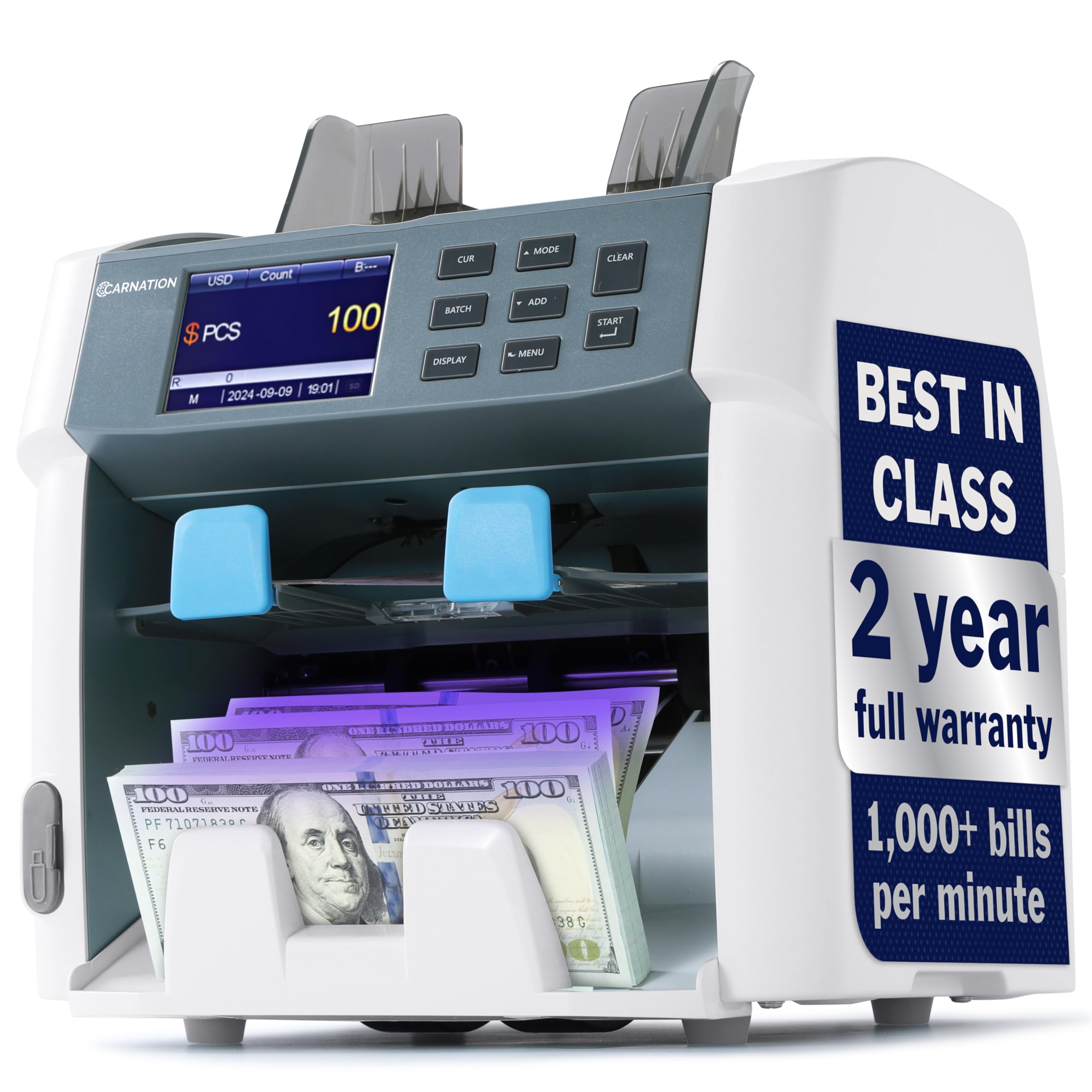 Carnation Money Counter Machine Cash Counting & Mixed Denomination Bill Counter, Portable Currency Detector, Counterfeit Bank Scanner, Dollar Sorter for Commercial, 1100 N/M, UV/MG/MT/IR/2CIS