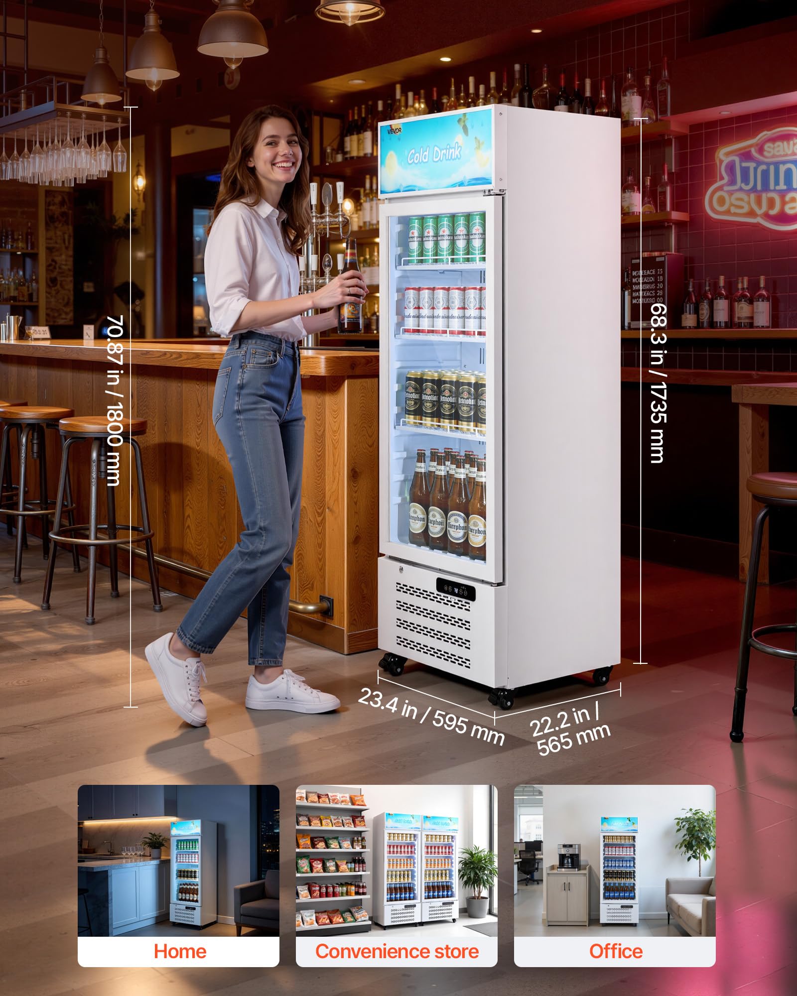 VEVOR Commercial Merchandiser Refrigerator, 6.9 Cu.Ft / 195L Glass Door Display Refrigerator, Upright Beverage Cooler Fridge with 4 Adjustable Shelves, Soft LED Light & Casters for Homes Shops Bars