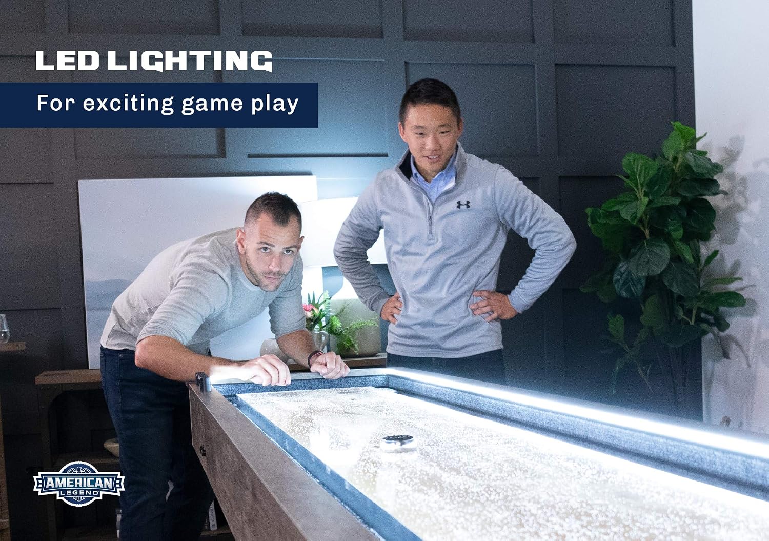 American Legend Kirkwood 9’ Shuffleboard Table with LED Rails, Bowling Game Set, Rustic Wood Finish & Accessories Included