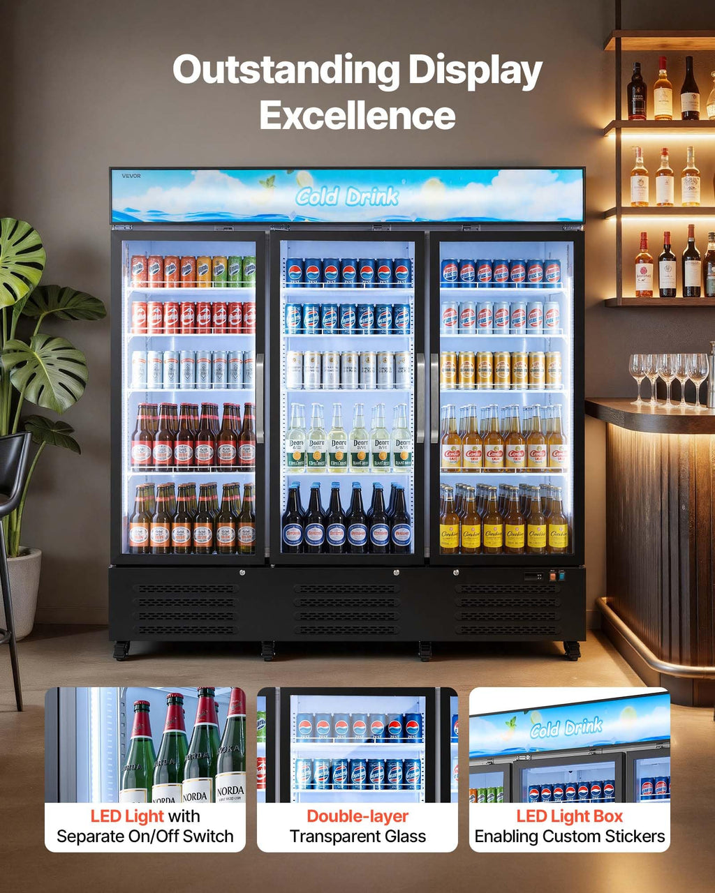 VEVOR Commercial Merchandiser Refrigerator, 6.9 Cu.Ft / 195L Glass Door Display Refrigerator, Upright Beverage Cooler Fridge with 4 Adjustable Shelves, Soft LED Light & Casters for Homes Shops Bars