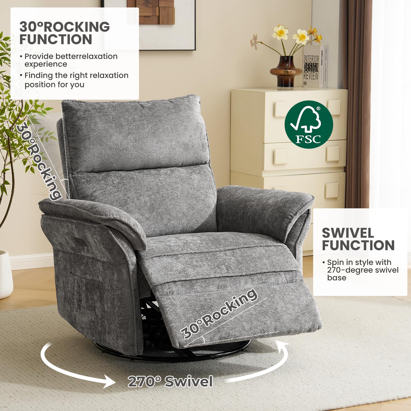 Oversized Rocking Chair Nursery with Massage and Heat, Glider Recliner Nursery Chair with Adjustable Headrest, Power Swivel Rocker Recliner Chair with USB Port, Dark Grey