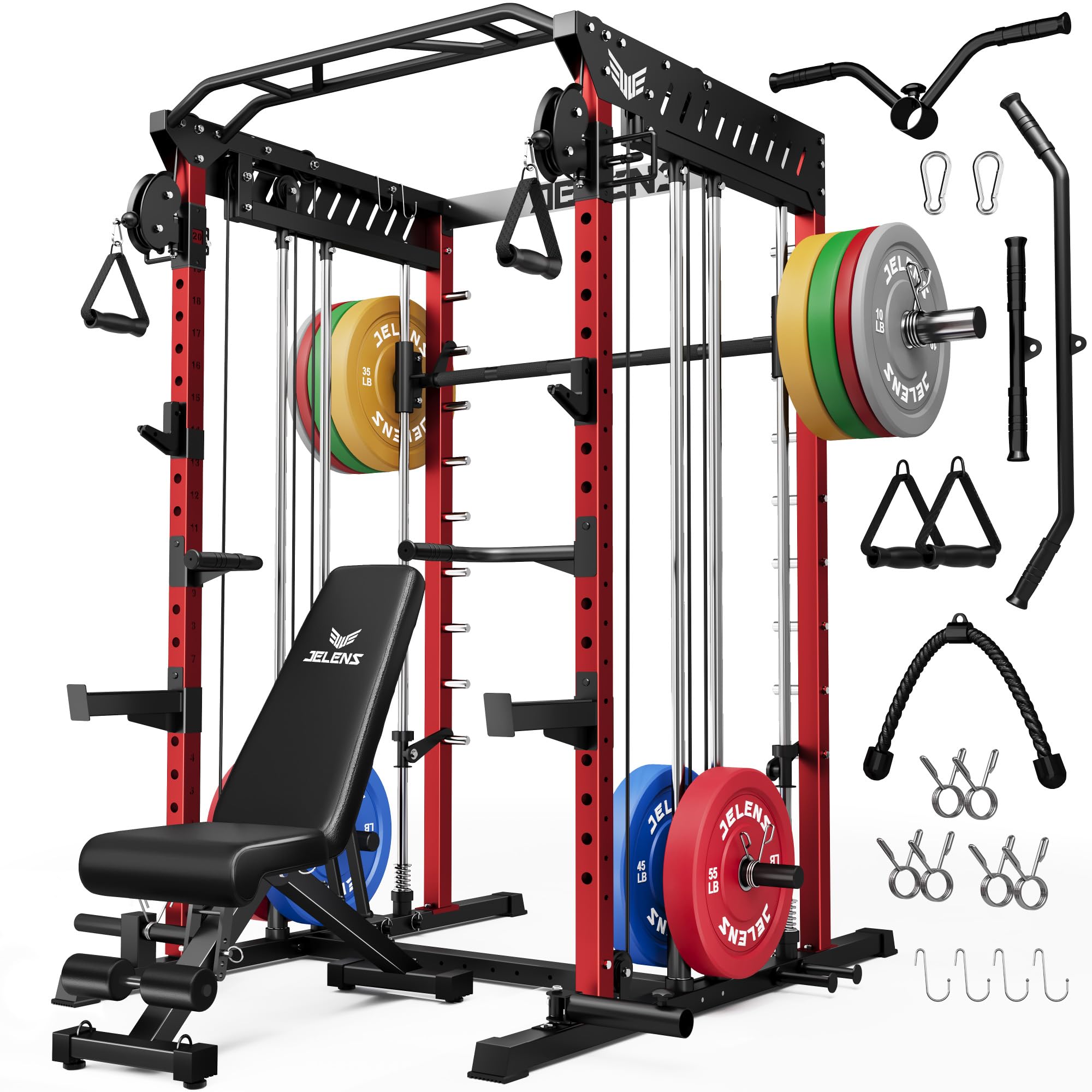 JELENS M21 Smith Machine, Multi-Function Power Cage with Dual Pulley Cable Crossover System, 2000LBS All-in-One Squat Rack with Smith Bar and Attachments for Home Gym