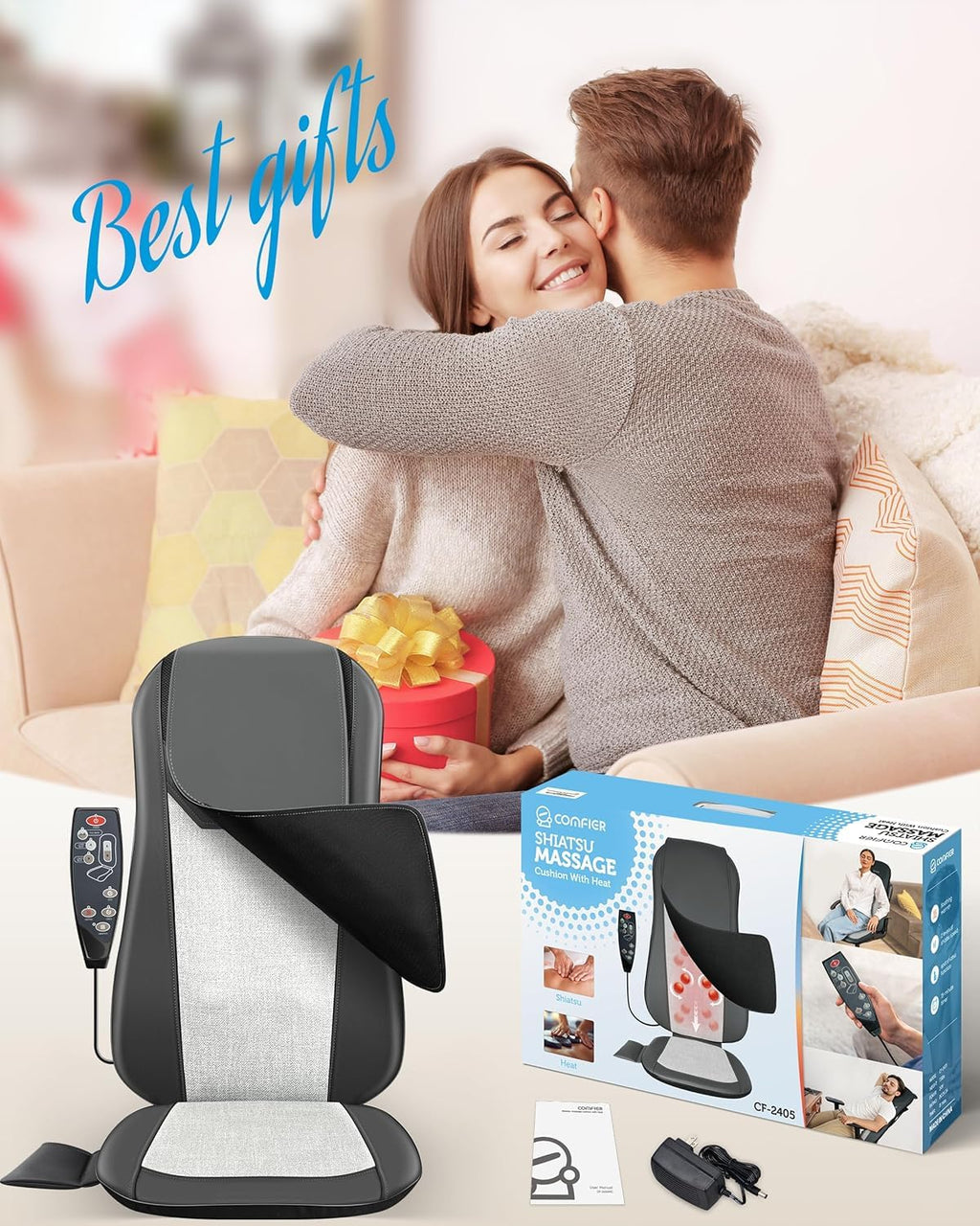 COMFIER Shiatsu Full Back Massager,Massage Chair Pad with Heat,2D/3D Massage Seat Cushion,Chair Massager with 10 Shiatsu Nodes, Rolling Kneading Chair Pads for Lower Back,Father Day Gifts