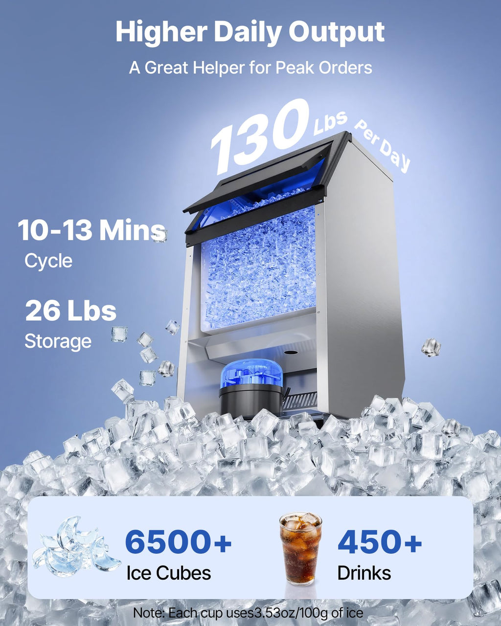VEVOR Commercial Ice Maker Machine, 100 lbs/24h with 30-35 lbs Storage, Bullet Ice,Built-in/Freestanding/Under Counter, Stainless Steel Ice Maker with LED Display for Home Bar Restaurant