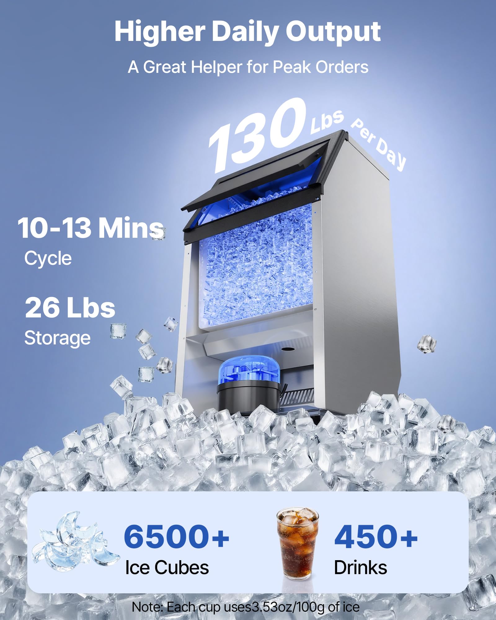 VEVOR Commercial Ice Maker Machine, 100 lbs/24h with 30-35 lbs Storage, Bullet Ice,Built-in/Freestanding/Under Counter, Stainless Steel Ice Maker with LED Display for Home Bar Restaurant