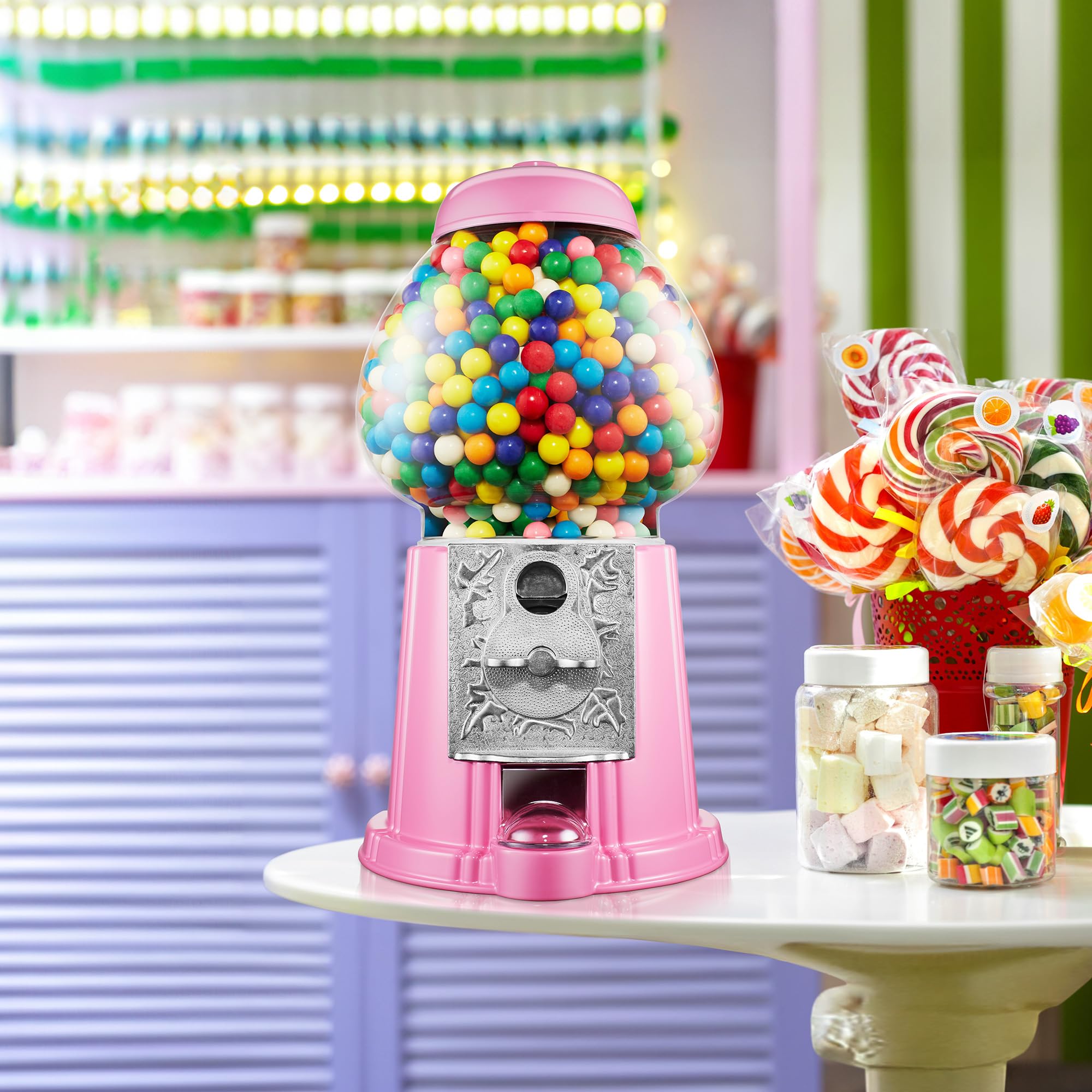Olde Midway 15" Gumball Machine with Glass Globe and Metal Base - Red, Vintage-Style Bubble Gum Candy Dispenser