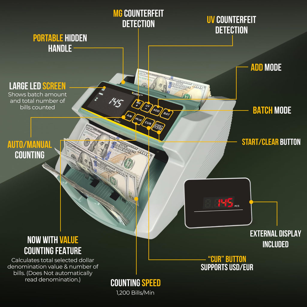 KOLIBRI Money Counter Machine I LCD Display I Business Grade I Dollar, Euro I Advanced UV/MG/IR/DD/HLF Detection I Single Denomination Value Count I 1,500 Notes/Min I 1-Year Warranty I KOLIBRI UV/MG