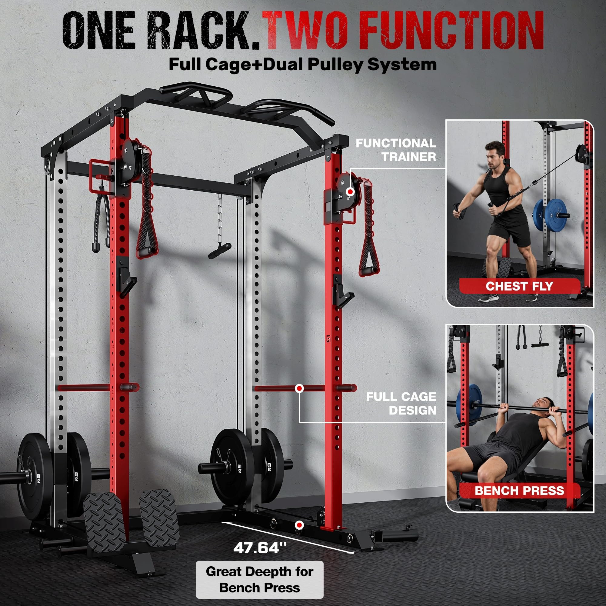 DP01 Power Cage, 2000LBS Squat Rack with with Cable Crossover and Dual Independent Pulley System, Full Cage for Full Body Training, Power Rack with More Training Attachments for Home Gym