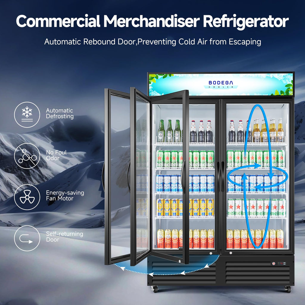 BODEGACOOLER Commercial Merchandiser Refrigerator, 27.02 Cu.Ft Double Glass Door Beverage Cooler, Upright Display Refrigerator with Soft LED Light, Adjustable Shelves, 4 Heavy-Duty Casters, Black
