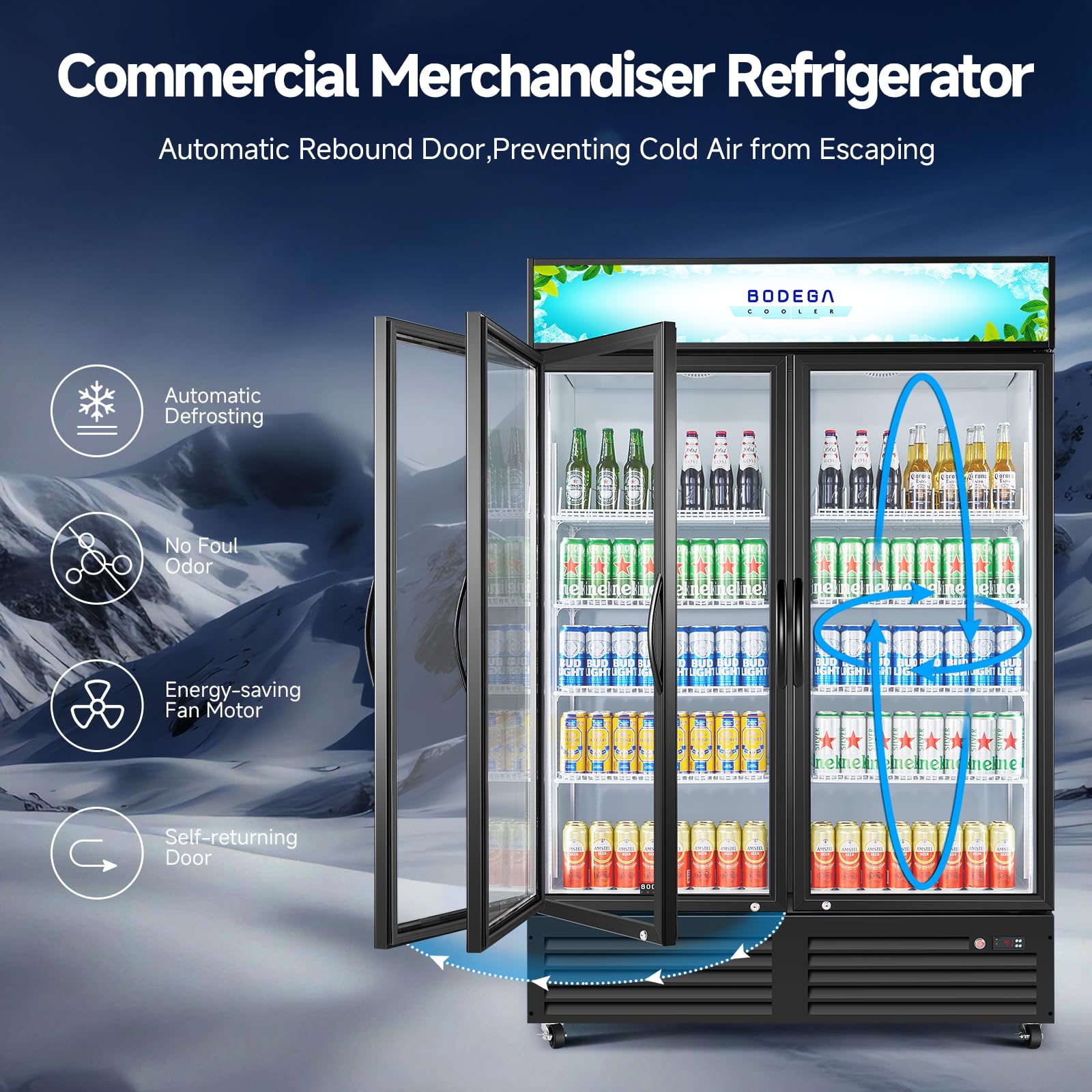 BODEGACOOLER Commercial Merchandiser Refrigerator, 27.02 Cu.Ft Double Glass Door Beverage Cooler, Upright Display Refrigerator with Soft LED Light, Adjustable Shelves, 4 Heavy-Duty Casters, Black