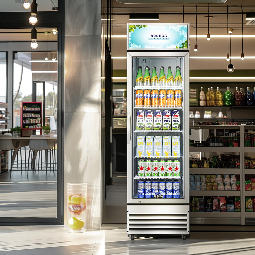 BODEGACOOLER Commercial Merchandiser Refrigerator, 27.02 Cu.Ft Double Glass Door Beverage Cooler, Upright Display Refrigerator with Soft LED Light, Adjustable Shelves, 4 Heavy-Duty Casters, Black