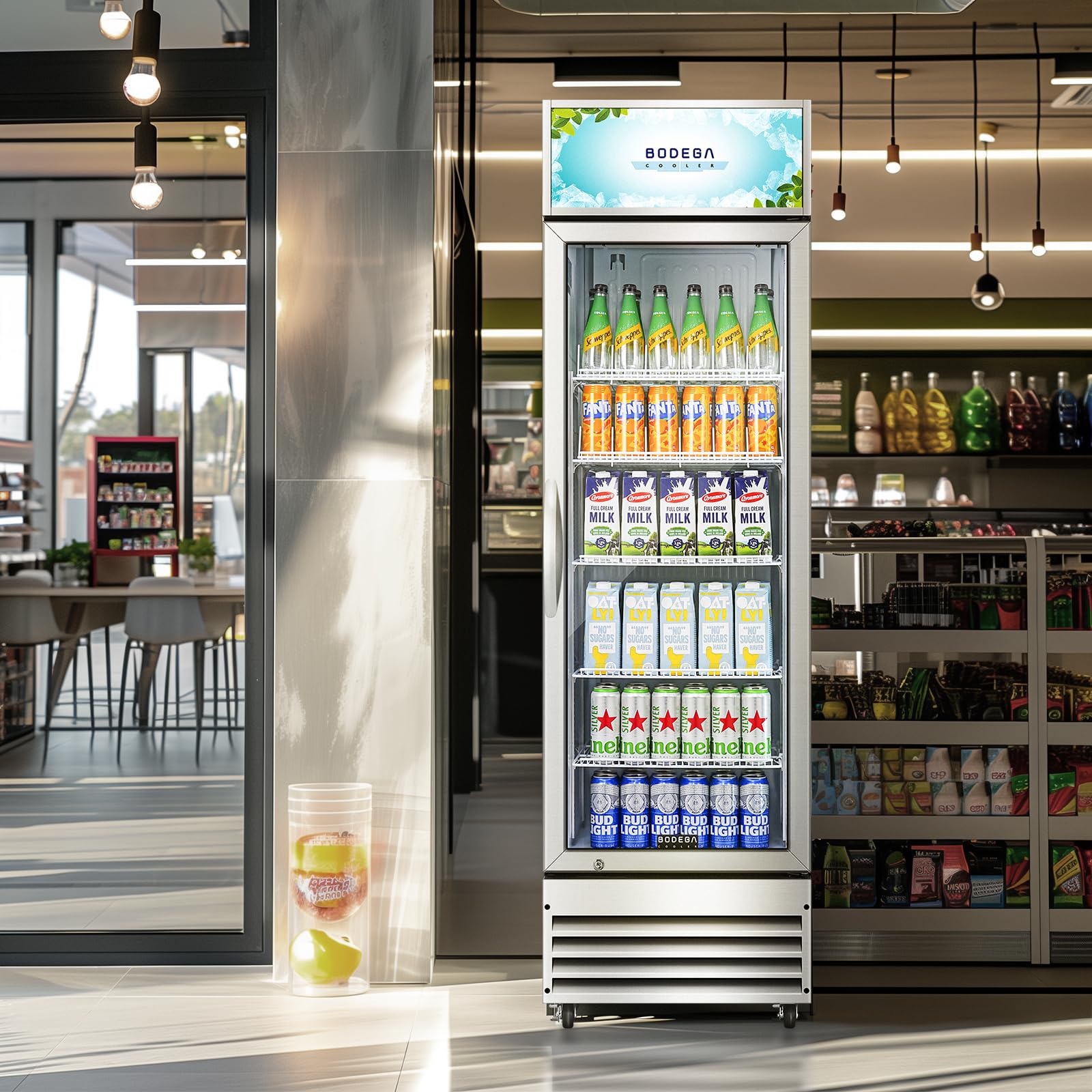 BODEGACOOLER Commercial Merchandiser Refrigerator, 27.02 Cu.Ft Double Glass Door Beverage Cooler, Upright Display Refrigerator with Soft LED Light, Adjustable Shelves, 4 Heavy-Duty Casters, Black