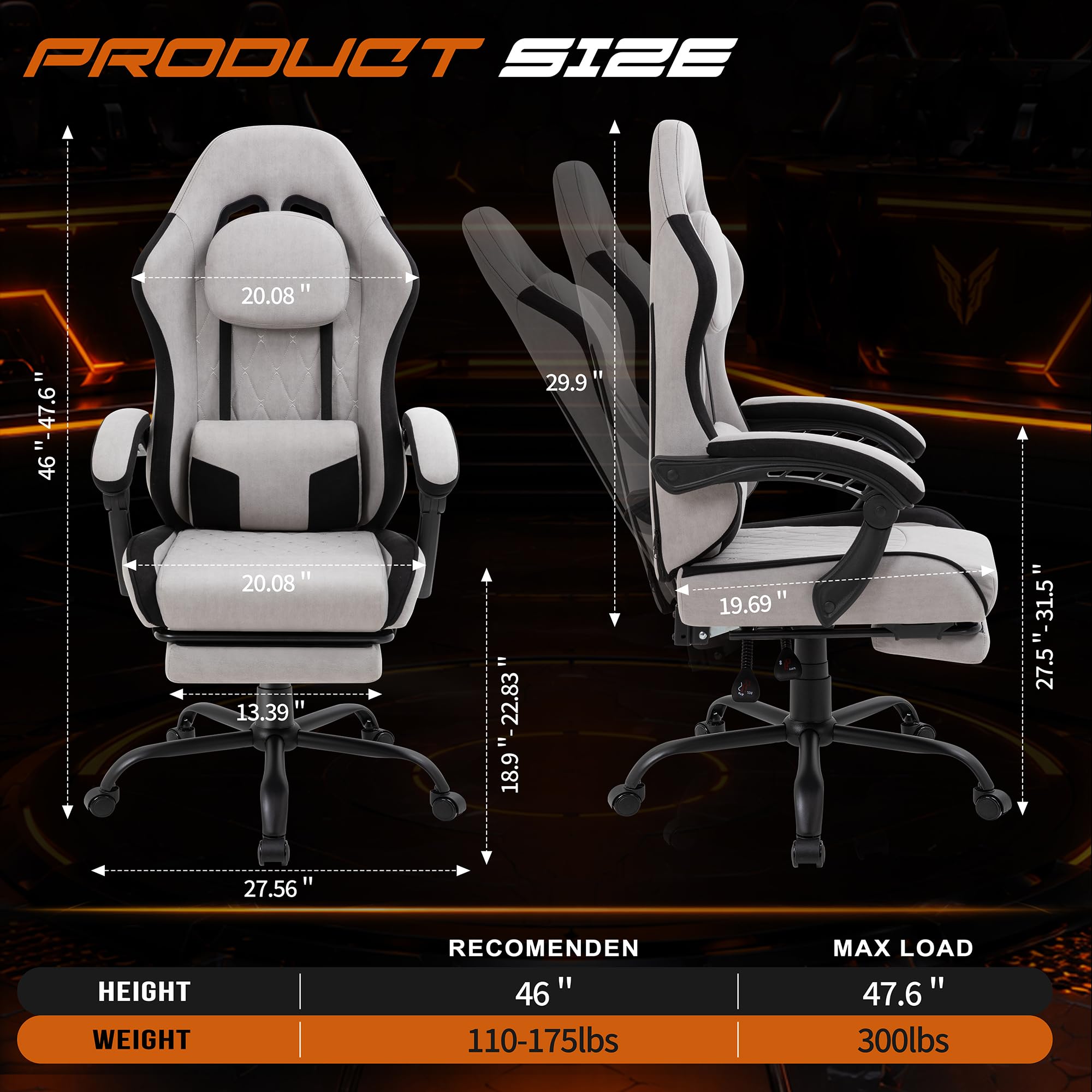 Shintenchi Big and Tall Gaming Chair Fabric Pocket Spring Cushion,High Back Recliner with Footrest and Headrest for Adults, Massage Lumbar Support for Home Office, Ergonomic Computer Desk Chair, Blue