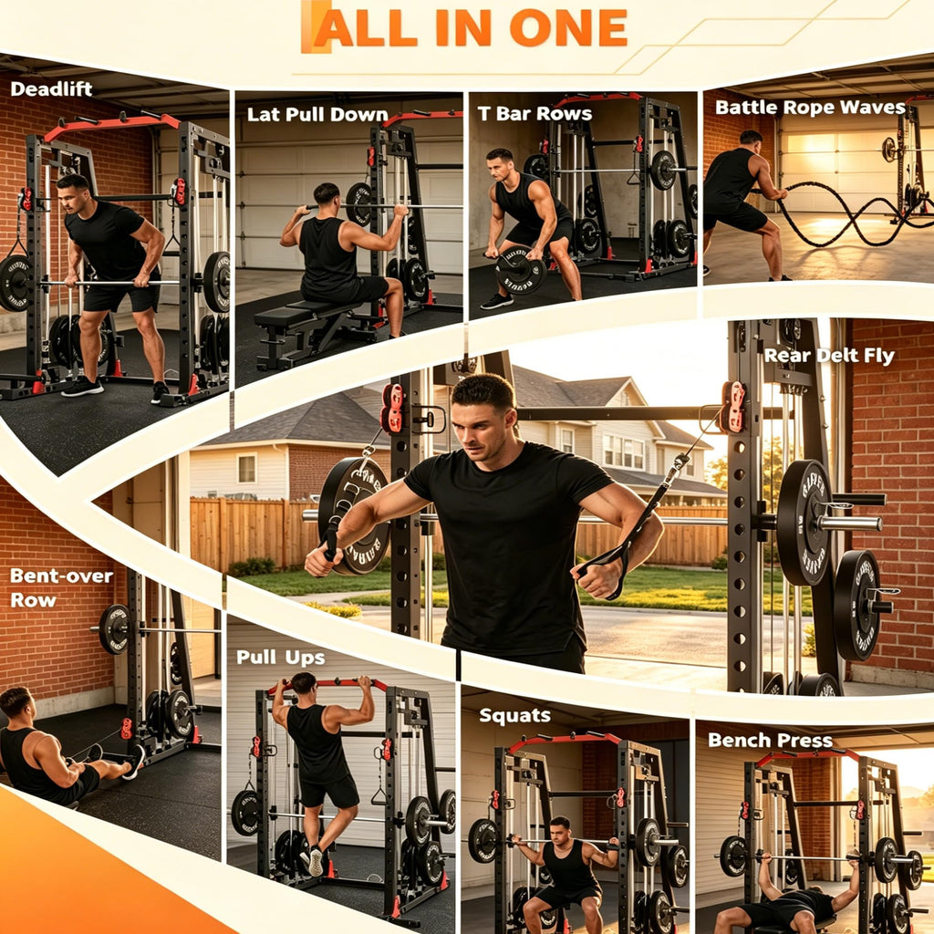 Smith Machine Home Gym, 2200LB Power Cage with Dual Pulley Cable Systems, LAT Pull-Down, Leg Hold-Down & 20+ Attachments for Full Body Workouts