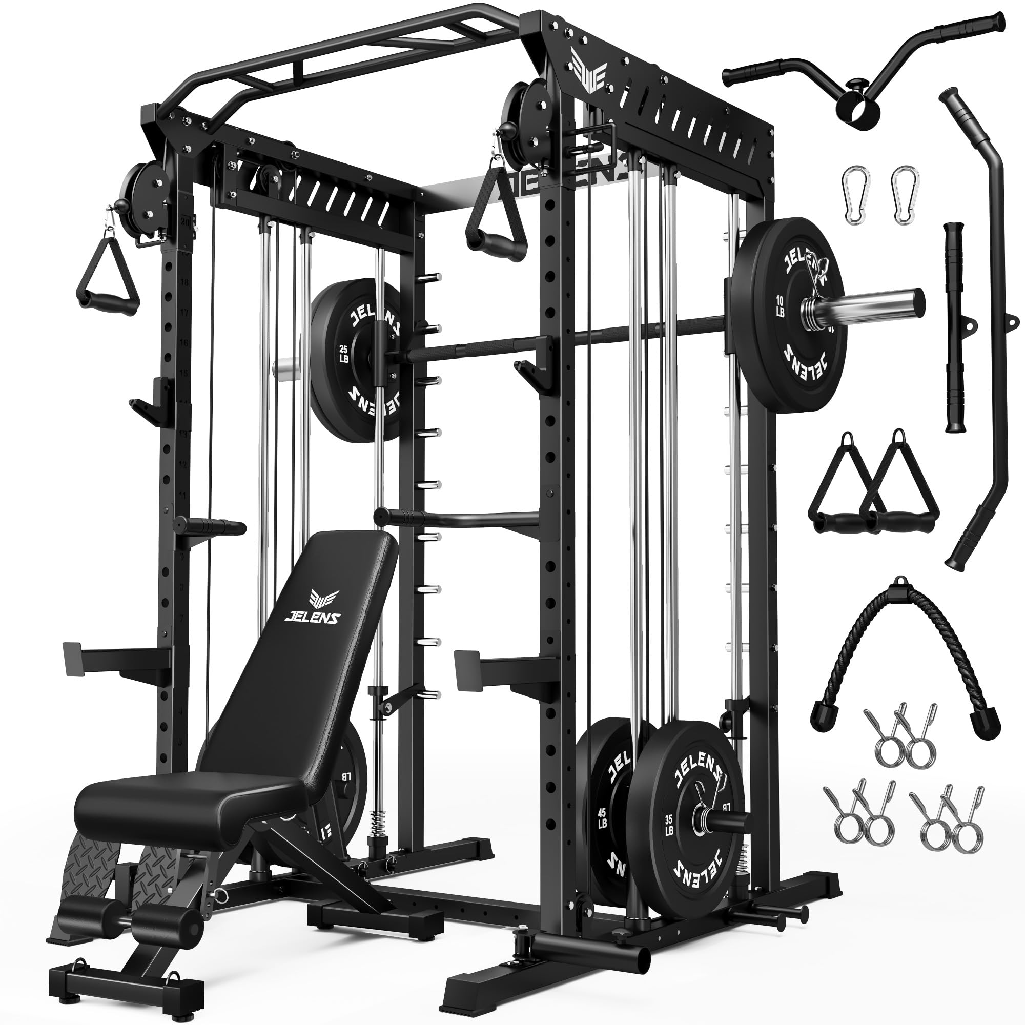 JELENS M21 Smith Machine, Multi-Function Power Cage with Dual Pulley Cable Crossover System, 2000LBS All-in-One Squat Rack with Smith Bar and Attachments for Home Gym