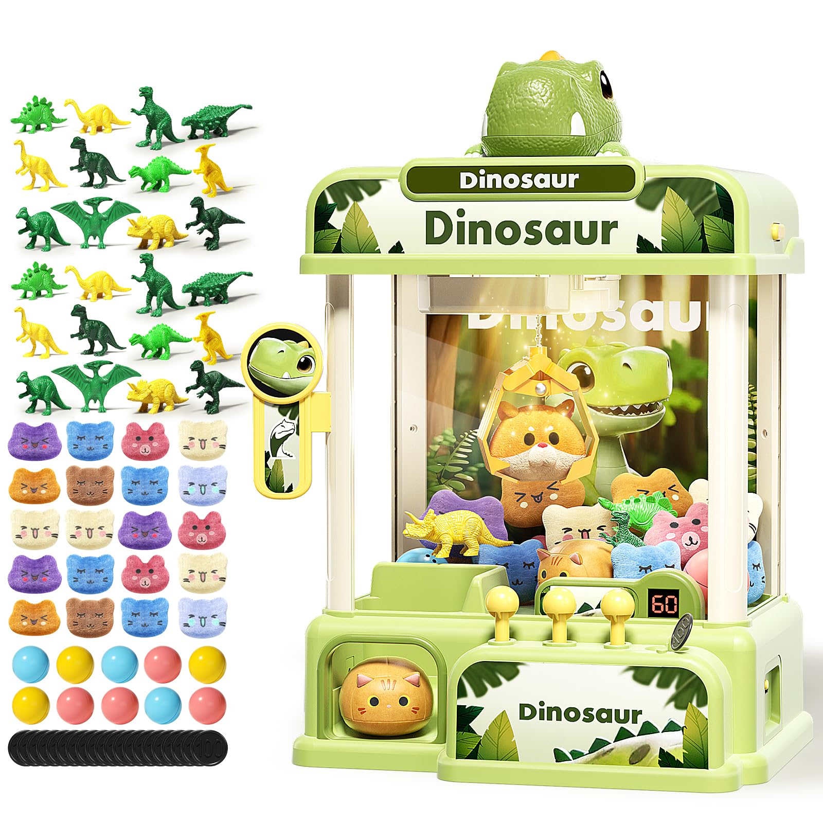 STACTCUTE 78PCS Large Dinosaur Claw Machine for Kids, No Assembly Required - Electronic Arcade Game with Music & Lights, Vending Machine Toy Prize Dispenser - Birthday Gift for Boys & Girls Age 3+
