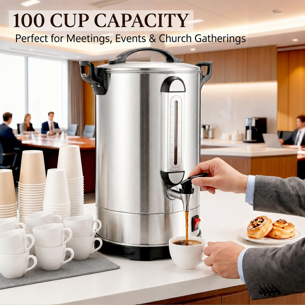 Fattong's Lab Commercial Coffee Urn, 120 Cup/20L Large Coffee Maker for Catering & Events, Stainless Steel Percolator, 1300W Quick Brew Hot Water Dispenser with Double Wall Insulation, Silver
