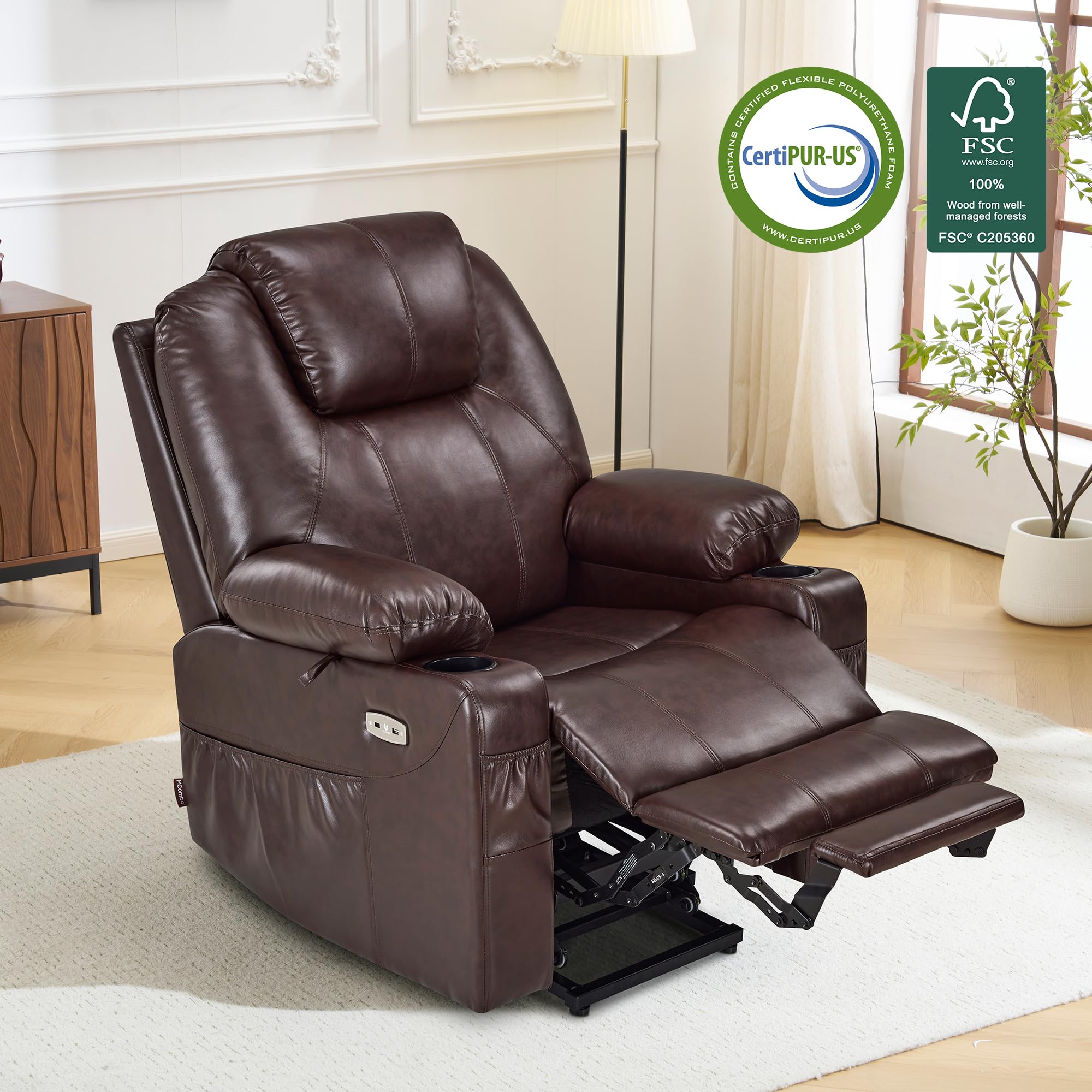 MCombo Electric Power Lift Recliner Chair Sofa with Massage and Heat for Elderly, 3 Positions, 2 Side Pockets, and Cup Holders, USB Ports, Faux Leather 7040 (Grey, Medium)