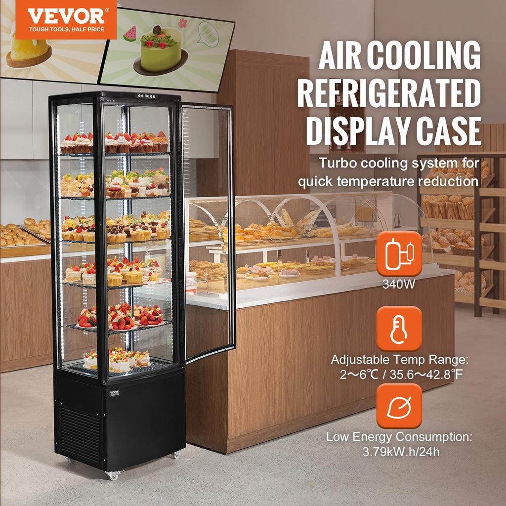VEVOR Refrigerated Display Case, 3.5 Cu.Ft./100L, 2-Tier, Countertop Pastry Display Case Commercial Display Refrigerator with LED Lighting, TURBO Cooling, Frost-Free Air-Cooling, Rear Sliding Door