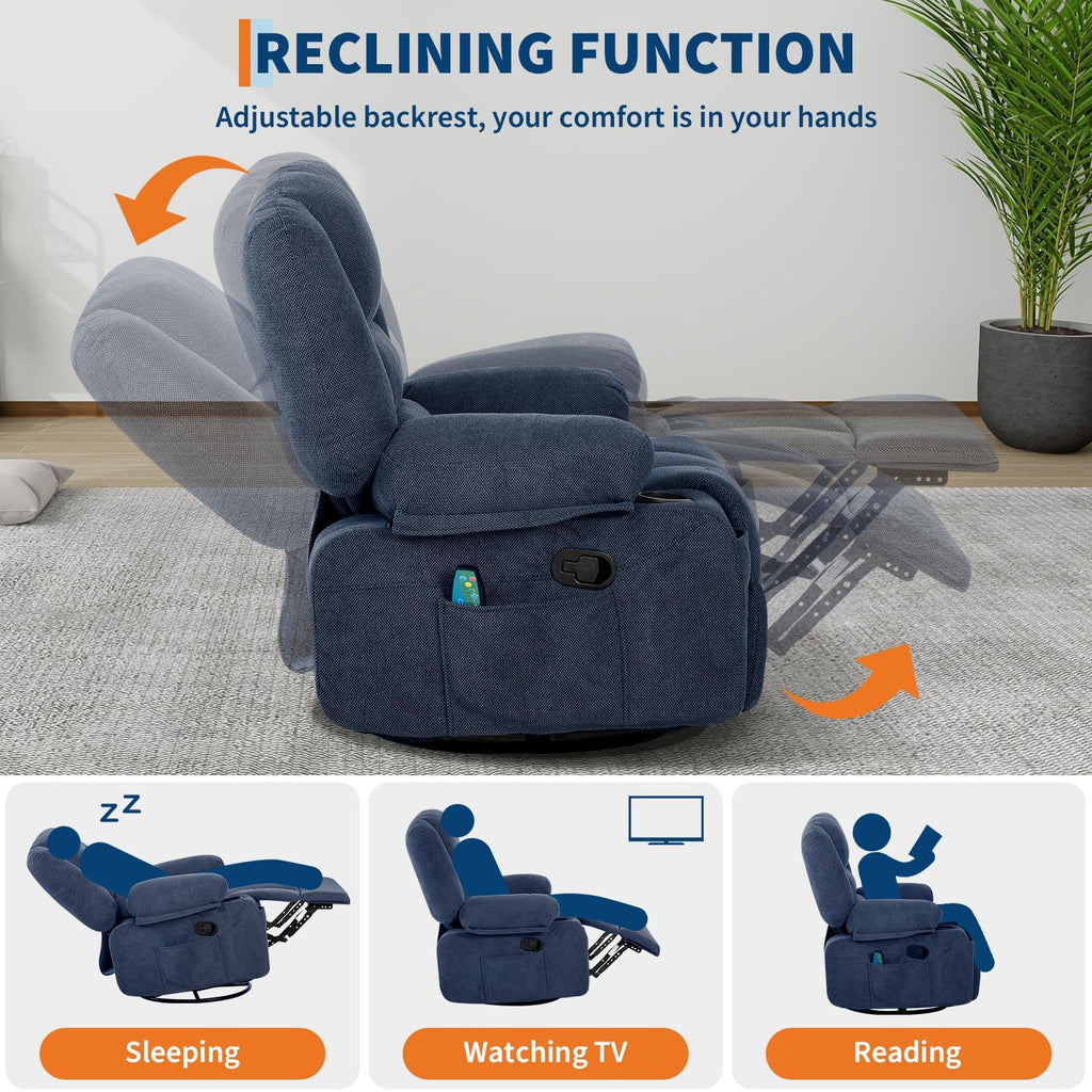 Oversized Wide Recliner Chair with Vibration Massage and Heat, 360° Swivel Recliner Glider for Adults,Chenille Fabric Manual Reclining Single Sofa with Cup Holders & Side Pockets for Living Room,White