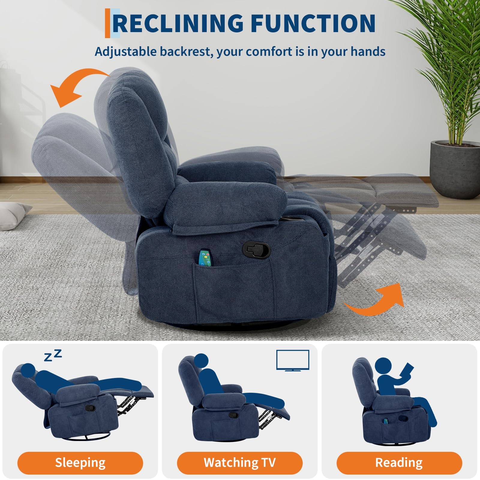 Oversized Wide Recliner Chair with Vibration Massage and Heat, 360° Swivel Recliner Glider for Adults,Chenille Fabric Manual Reclining Single Sofa with Cup Holders & Side Pockets for Living Room,White