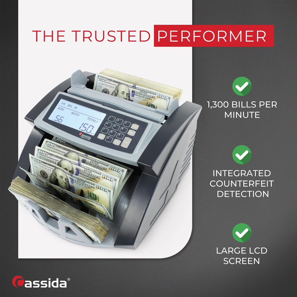 Cassida 9900R V2 2-Pocket Premium Bank Grade Money Counter Machine Mixed Denomination, Bill Sorter, Value Counting, Printer Enabled, 2 CIS, UV/MG, IR/IT Counterfeit Detection with Built-in Printer