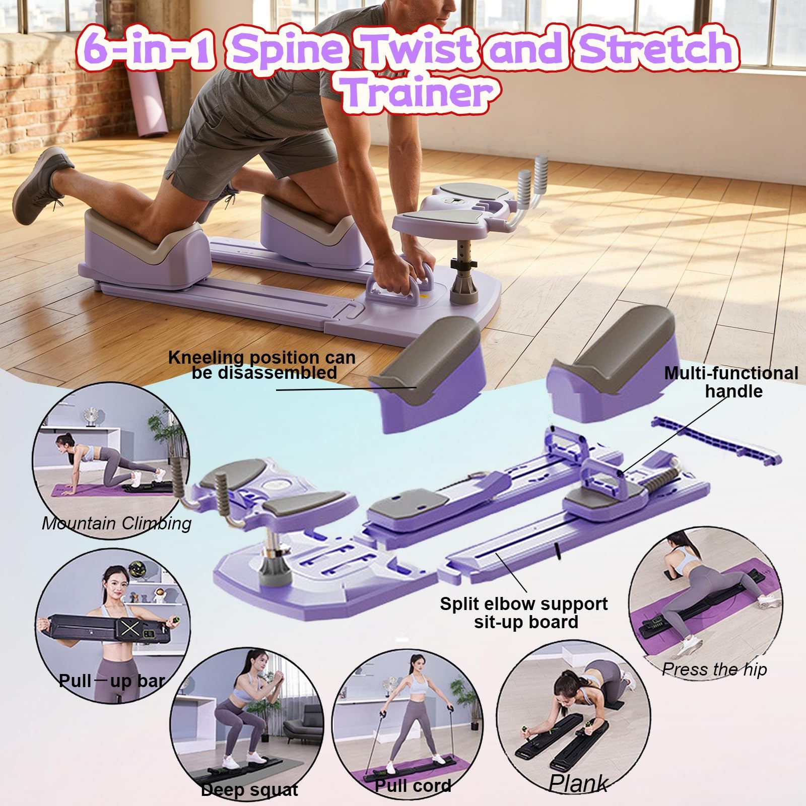 Spine Twist and Stretch Trainer 3-Level Crawling Training Machine for Core Training & Back Pain Relief, 8-in-1 Home Gym Equipment with LED Counter & Resistance Band for Full Body Workout（5-10day）