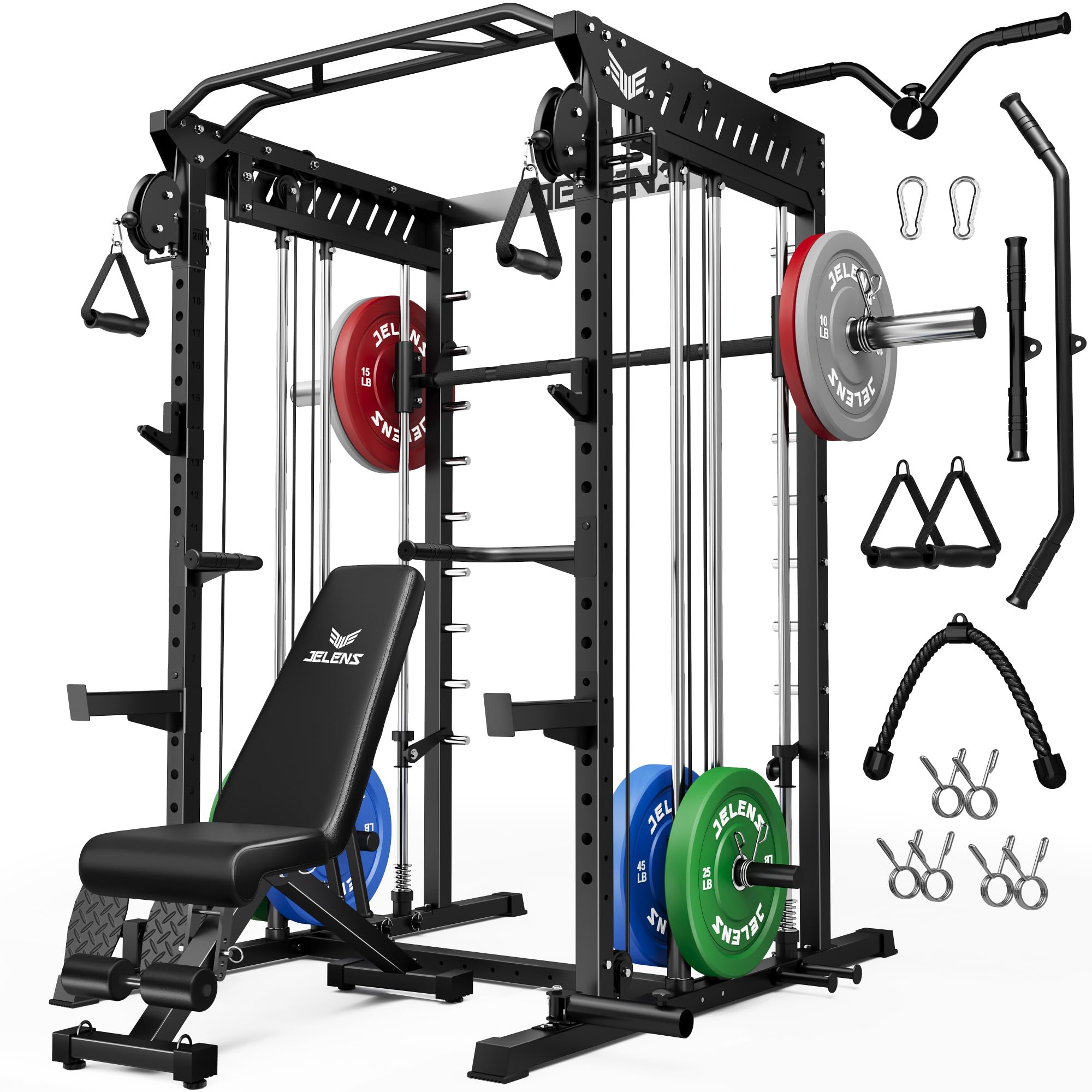 JELENS M21 Smith Machine, Multi-Function Power Cage with Dual Pulley Cable Crossover System, 2000LBS All-in-One Squat Rack with Smith Bar and Attachments for Home Gym