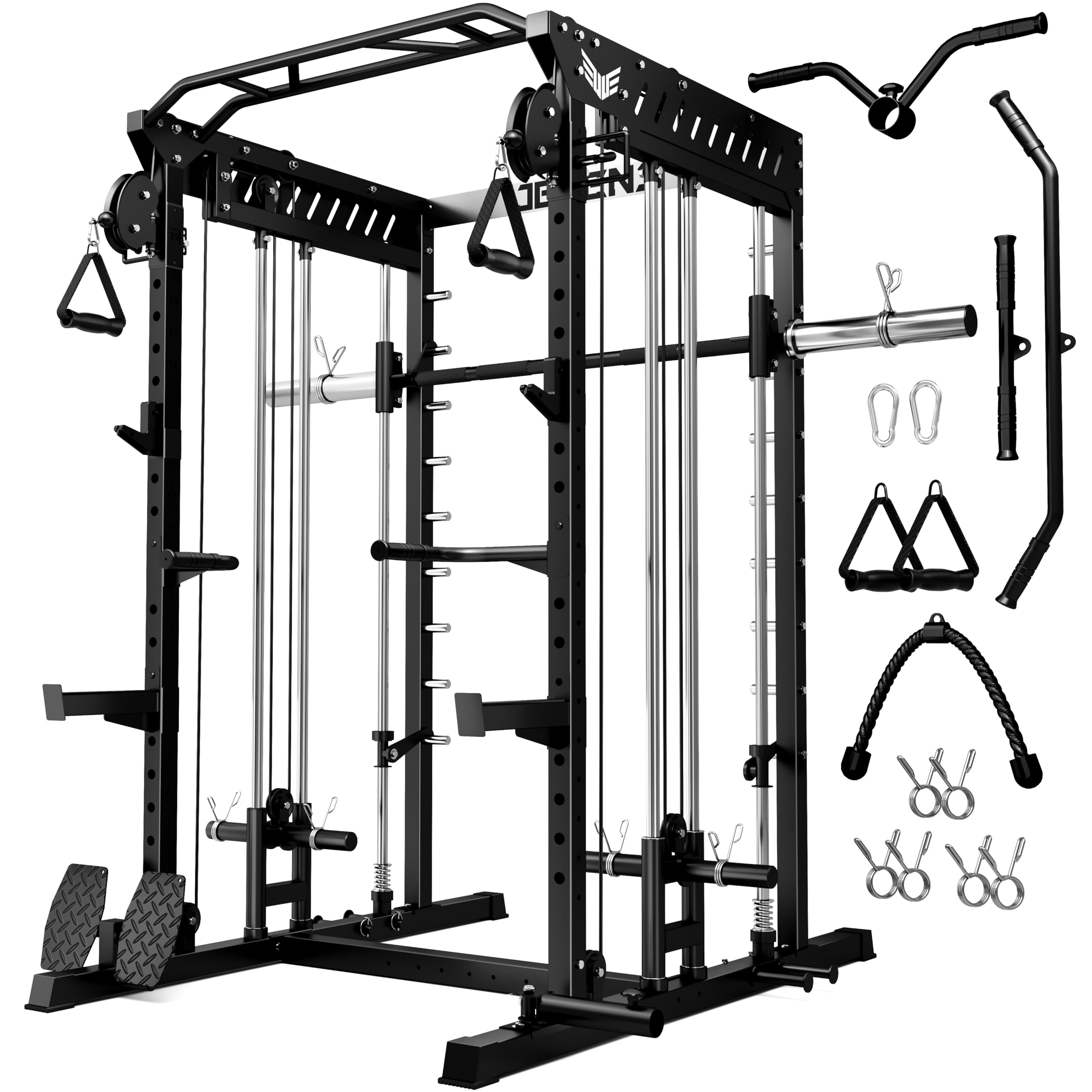JELENS M21 Smith Machine, Multi-Function Power Cage with Dual Pulley Cable Crossover System, 2000LBS All-in-One Squat Rack with Smith Bar and Attachments for Home Gym