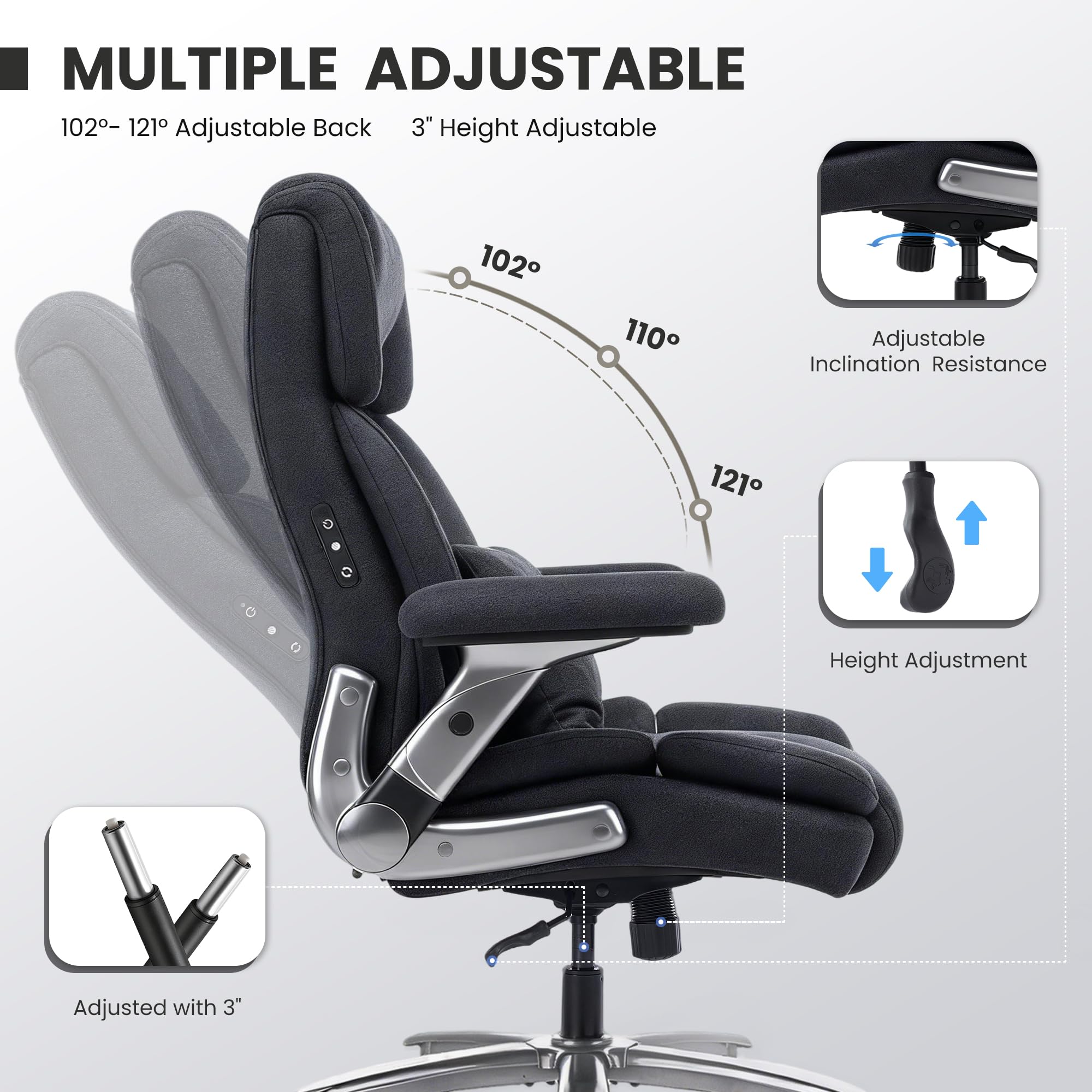 750lbs Heavy Duty Desk Chair with 3D Kneading Massage, Big and Tall Office Chairs with Ergonomic Support, 3D Armrests, 5 Quiet Dual Rubber Wheel, Thick Pocket Spring Cushion(Black, PU)