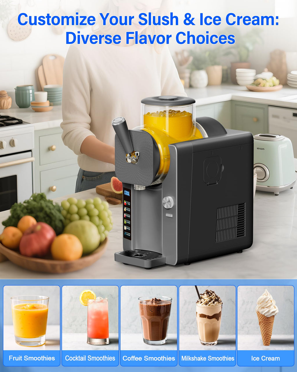 Slush Machine & Ice Cream Maker Machine 2-IN-1, 6 Modes for Smoothies, Milkshakes, Cocktails, Margarita, and Ice Cream, Double-Layer Tank, With Ice Cream Cone Holder, Self-Cleaning, For Home Use
