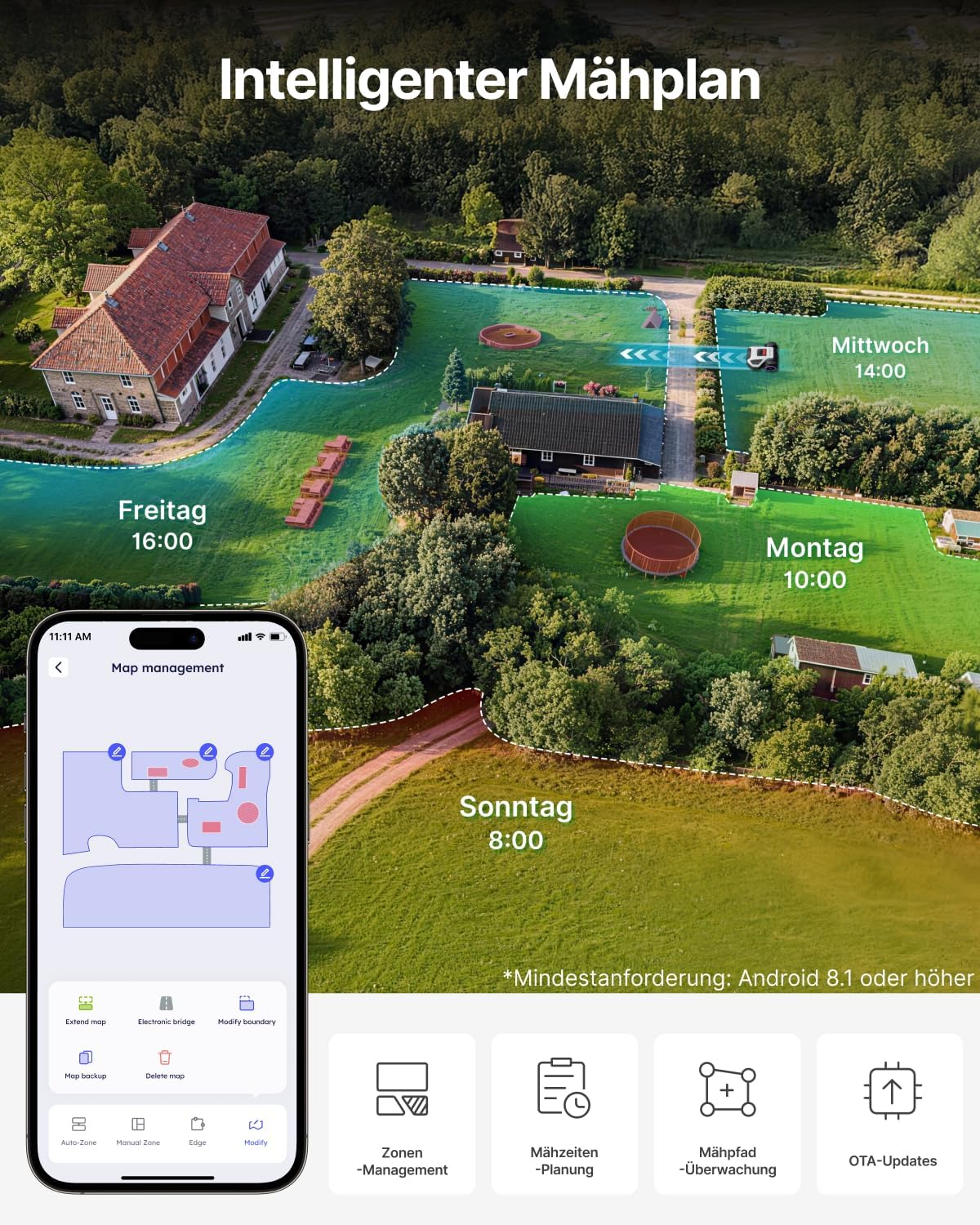 ANTHBOT M5 Robot Lawn Mower Perimeter Wire Free 1/8 Acre Dual RTK+Dual Vision Robotic Lawnmower, AI-Assisted Mapping, Virtual Boundary, APP Control, 58dB(A) Quiet, Multi-Zone Management