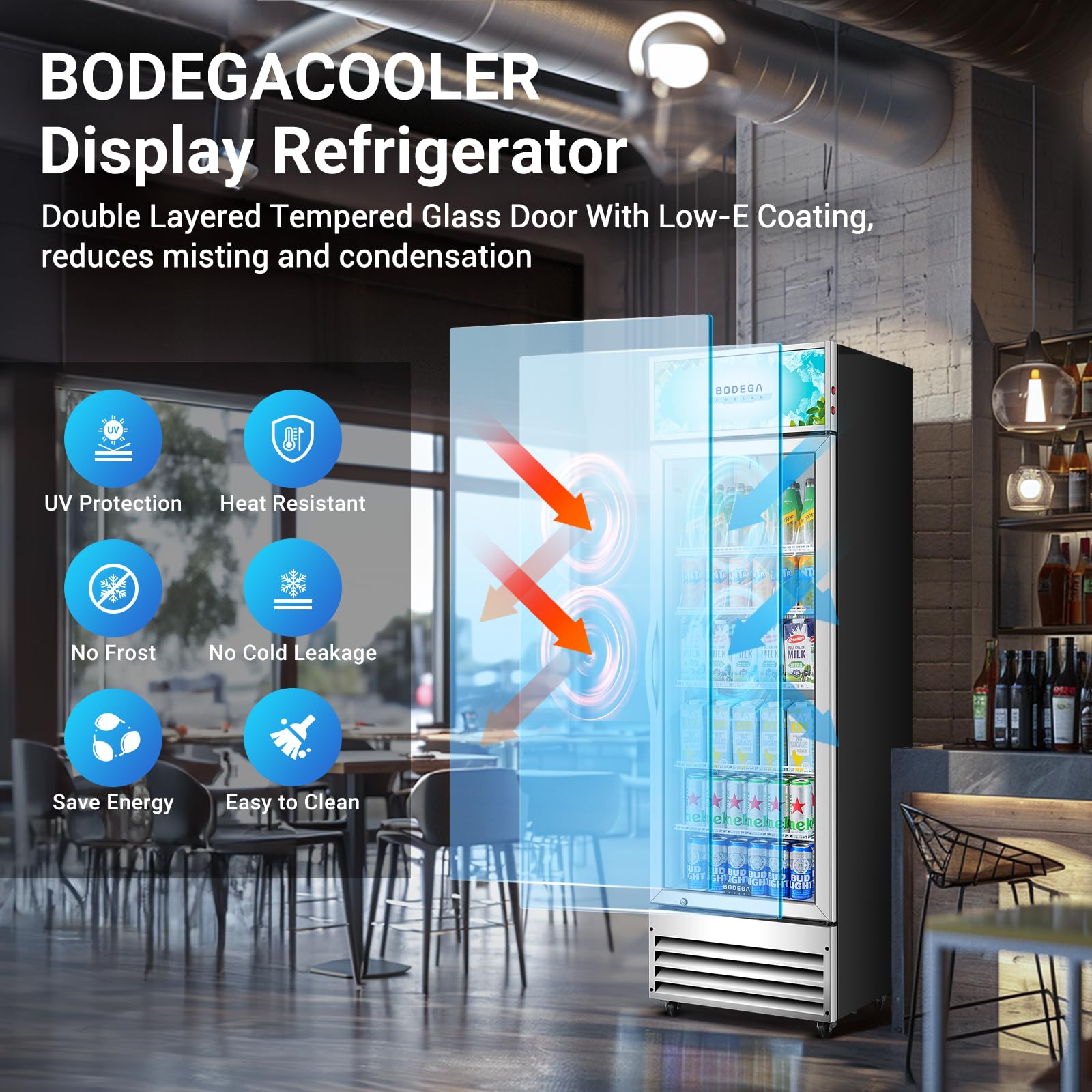 BODEGACOOLER Commercial Merchandiser Refrigerator, 27.02 Cu.Ft Double Glass Door Beverage Cooler, Upright Display Refrigerator with Soft LED Light, Adjustable Shelves, 4 Heavy-Duty Casters, Black