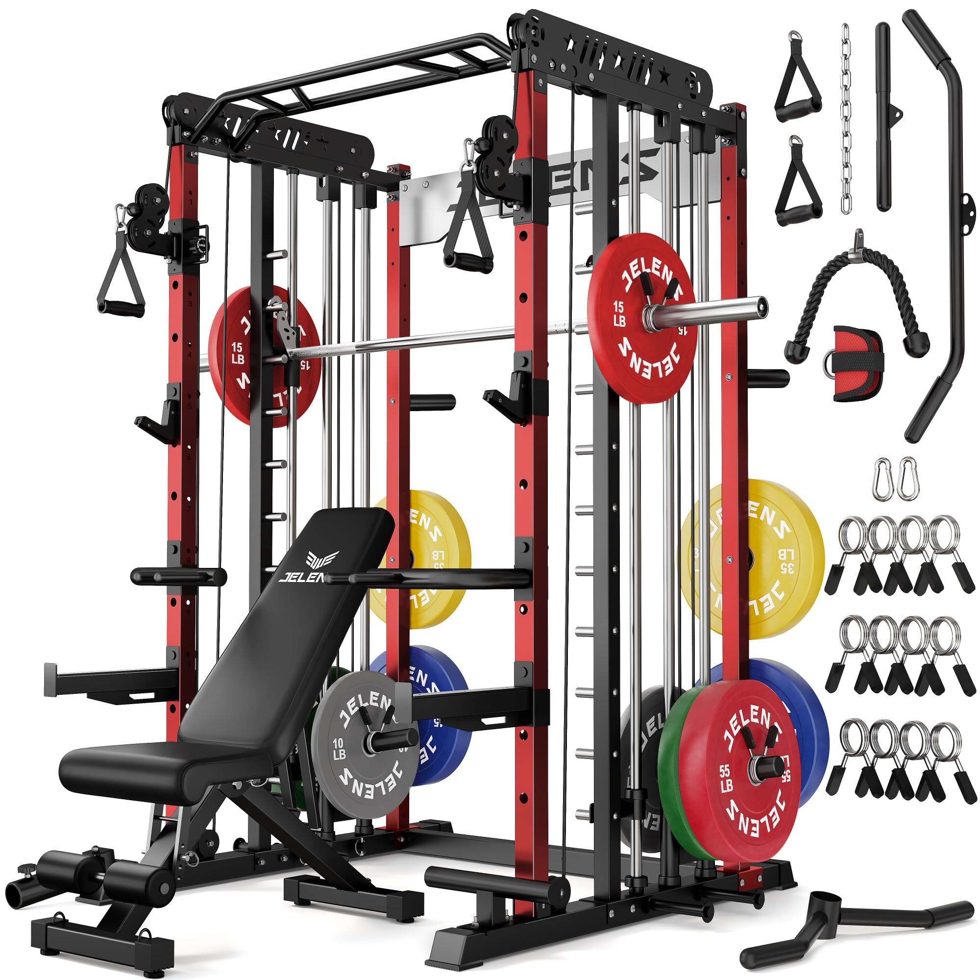 JELENS Smith Machine for Home Gym, Multi-Function M12 Power Cage with Cable Crossover System, Squat Rack with Smith Bar and More Attachment
