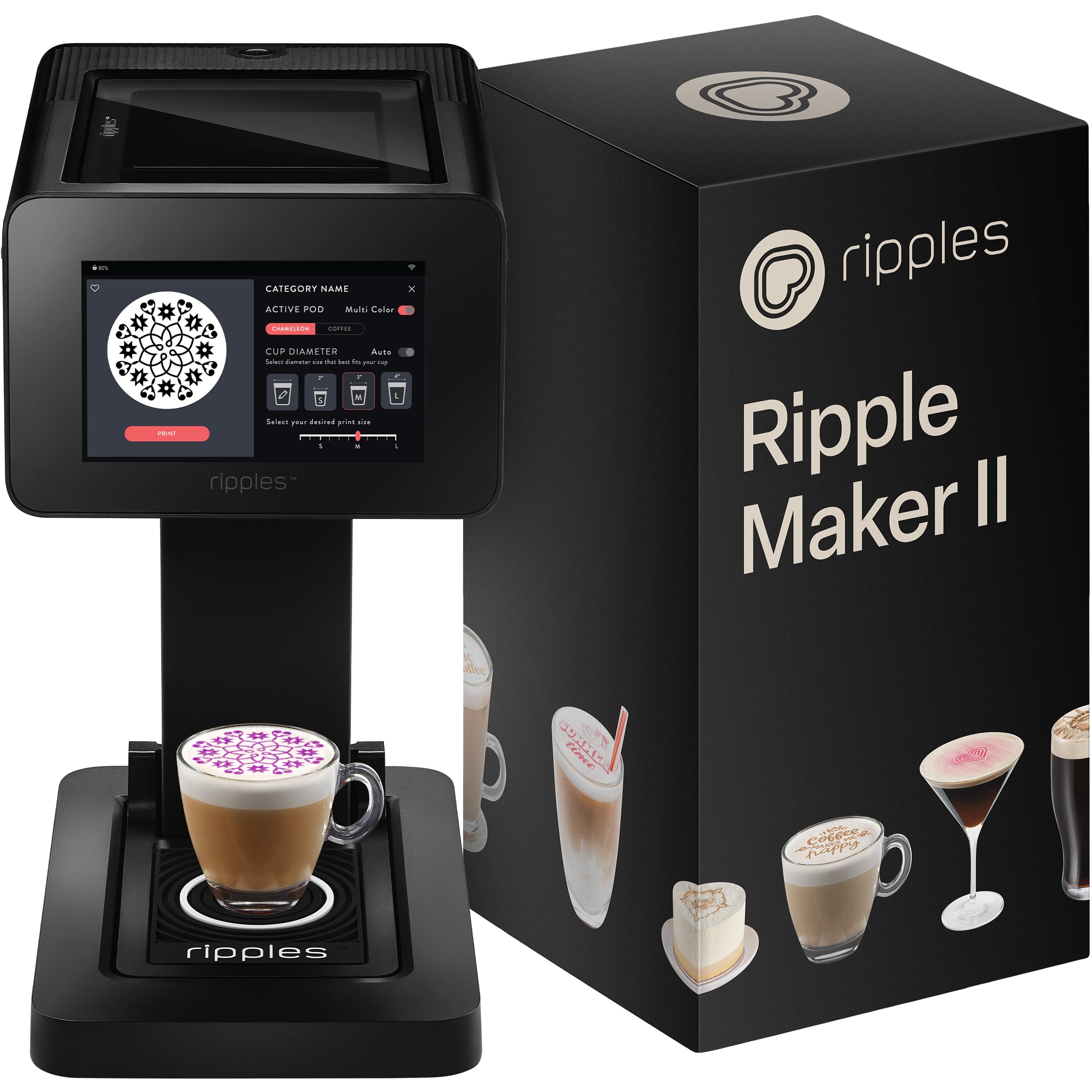 Ripples The Original Maker II, Print on Beverage Foam and Desserts, Plant-Based Ingredients Only, Selfie and Personalized Designs (Machine + Chameleon Pod)