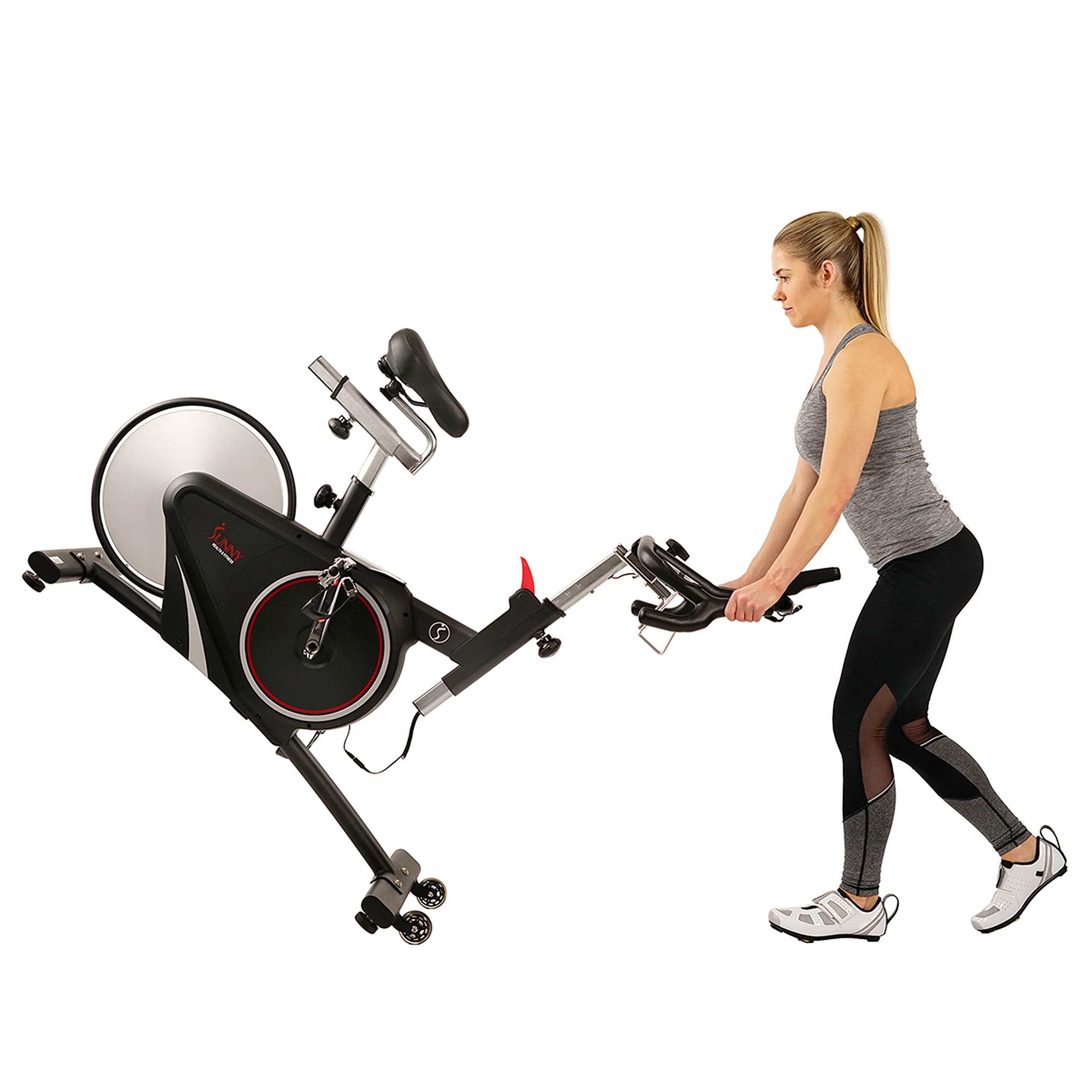 Sunny Health & Fitness Indoor Intensive Cycling Exercise Bike, Adjustable Cardio Training Exerciser w/Emergency Brake for Home, Optional Free SunnyFit App Bluetooth Link + Electromagnetic Resistance